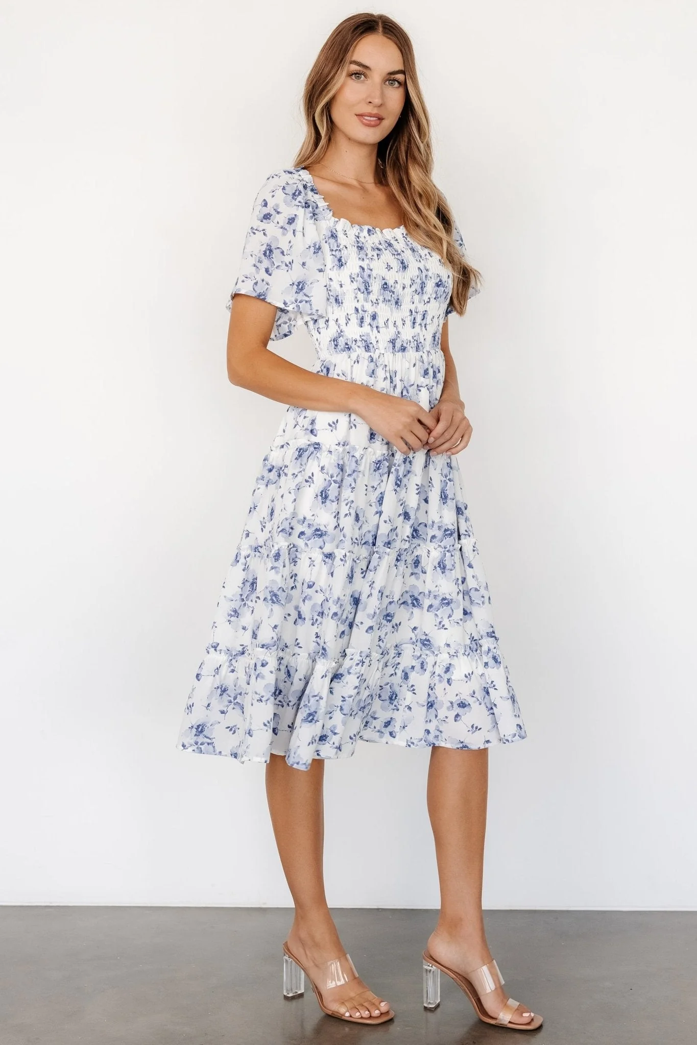 Lilla Tiered Midi Dress | Off-White + Blue Floral