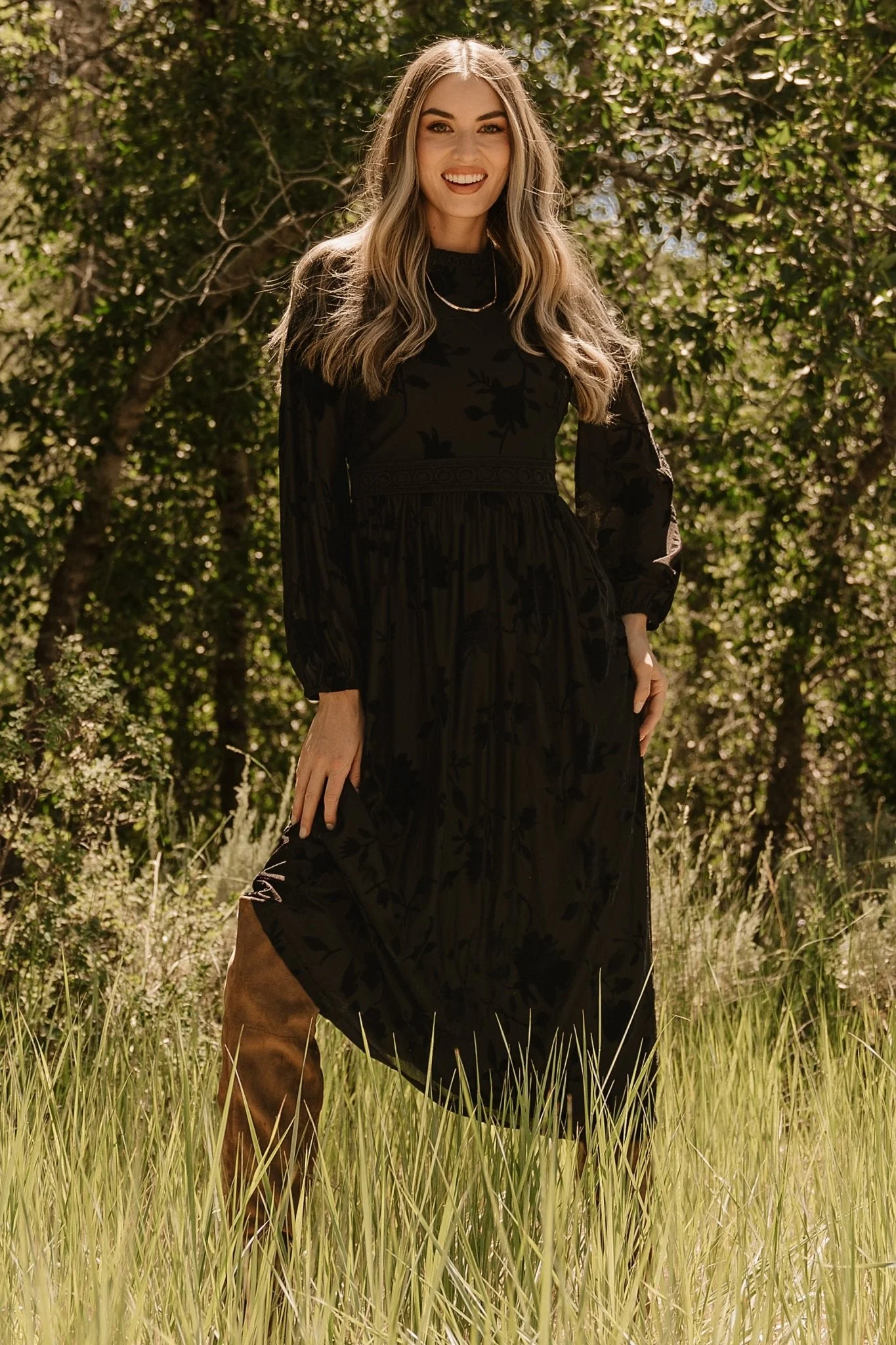 Christine Velvet Embossed Midi Dress | Black