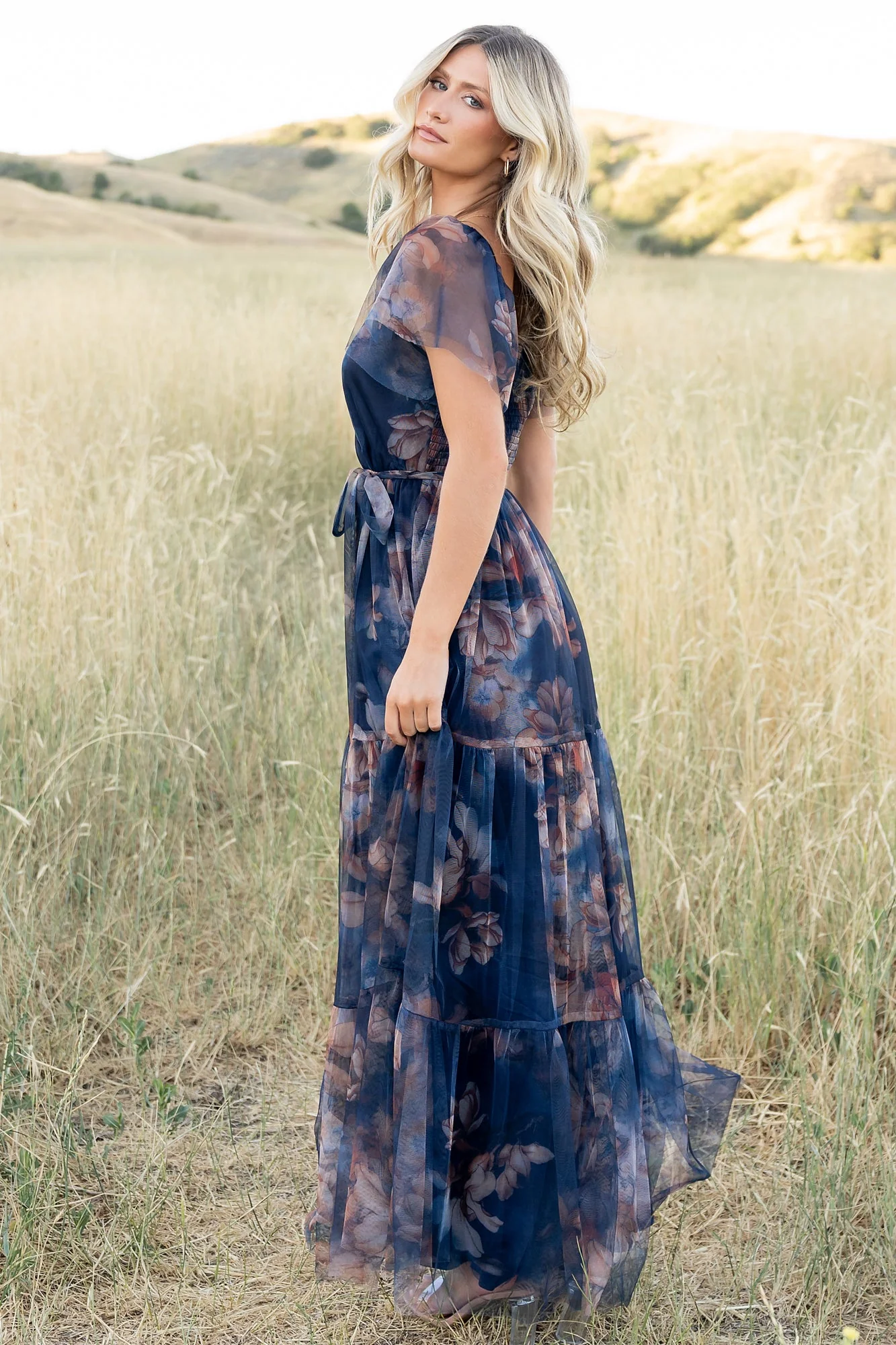 Nicola Tulle Maxi Dress | Dark Blue Floral