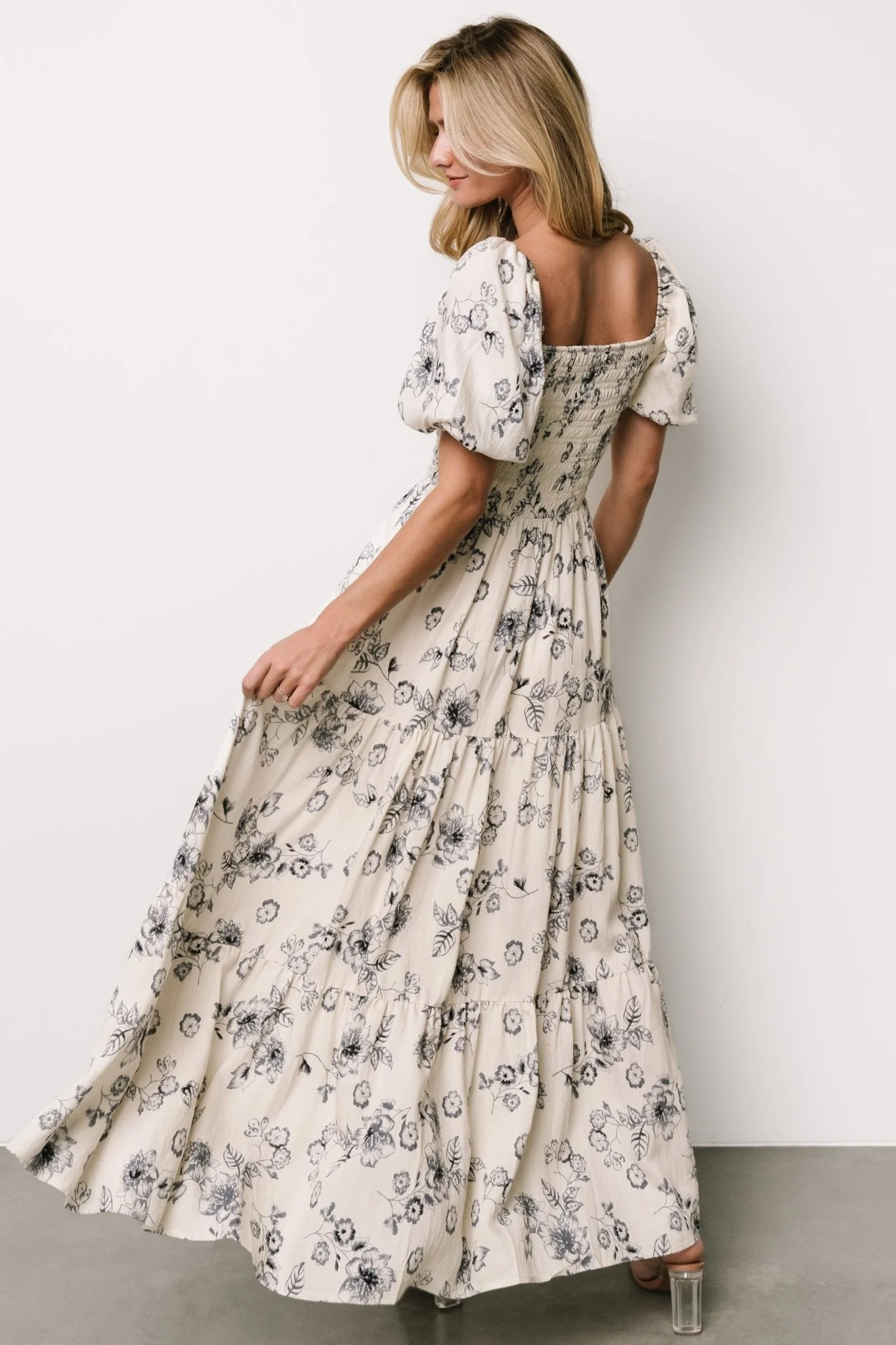 Susanna Smocked Maxi Dress | Ivory + Blue Floral