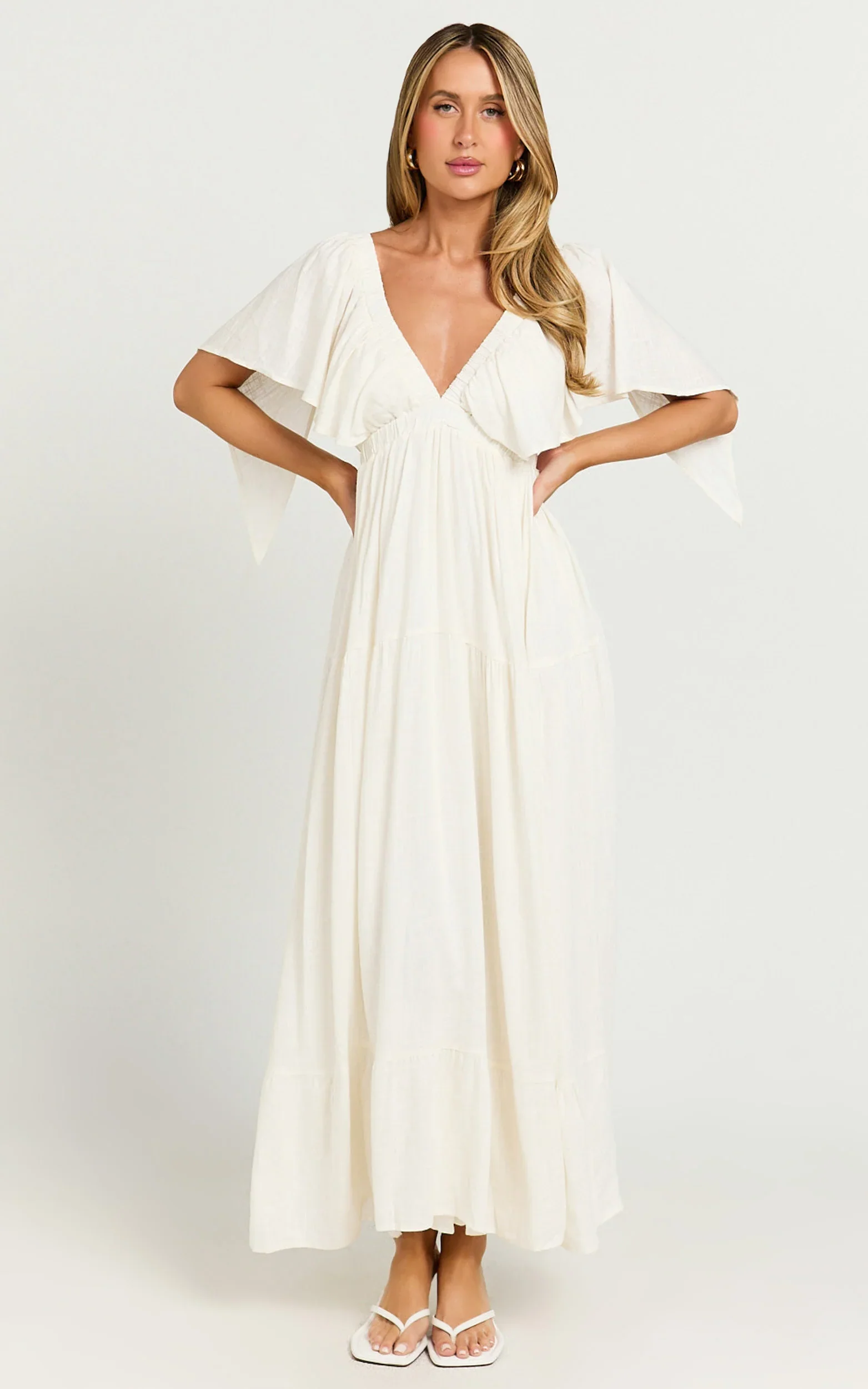 Lyrad Midi Dress Linen Empire Waist Textured Dress in White