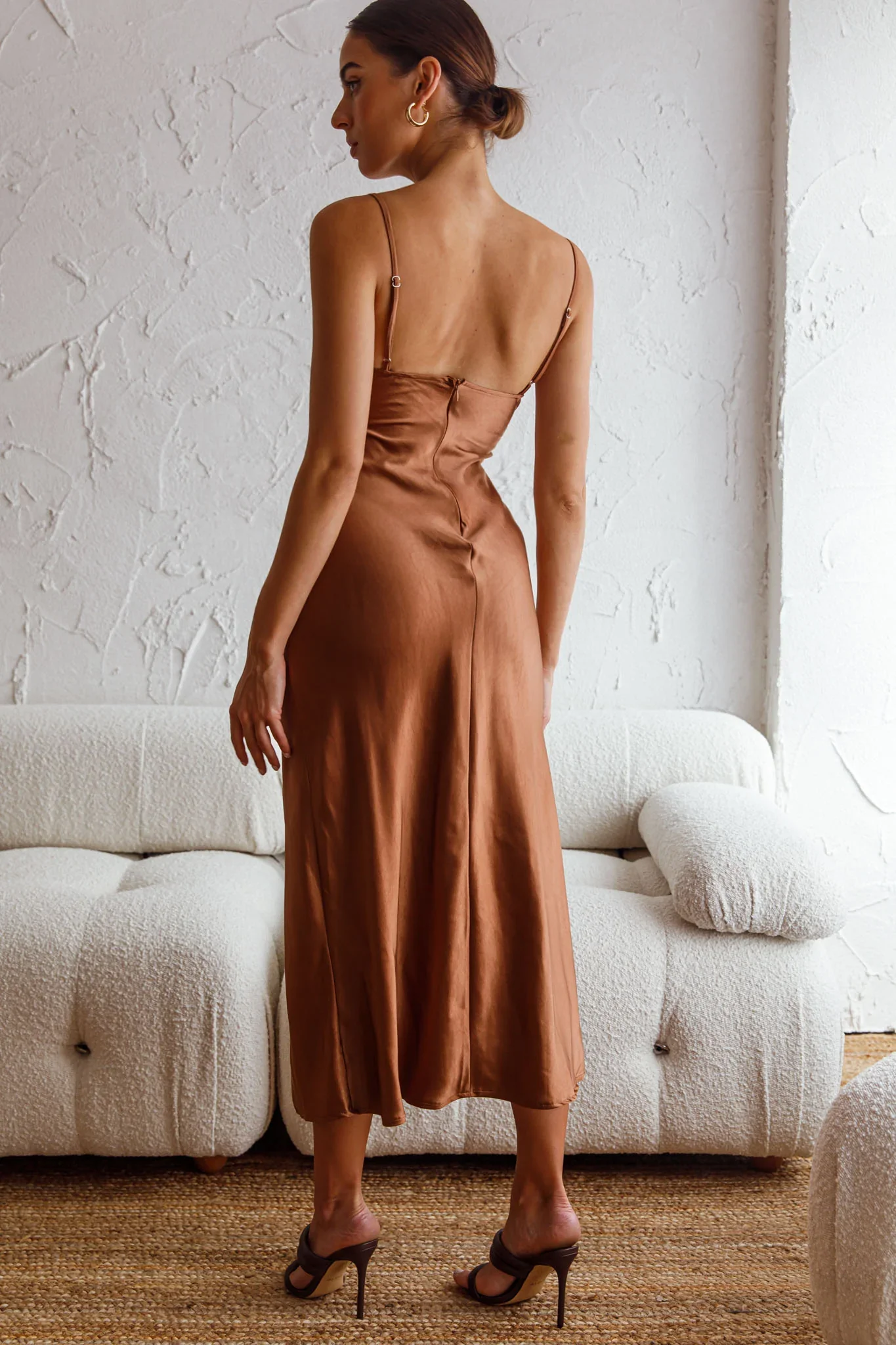 Invite Only Twisted Bust Satin Midi Dress Chocolate