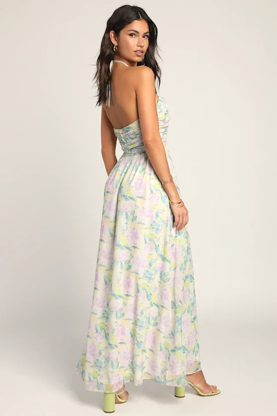 Effortlessly Abloom Green Multi Floral Ruched Halter Maxi Dress
