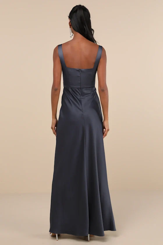 Red Carpet Romance Dark Grey Satin Square Neck Maxi Dress