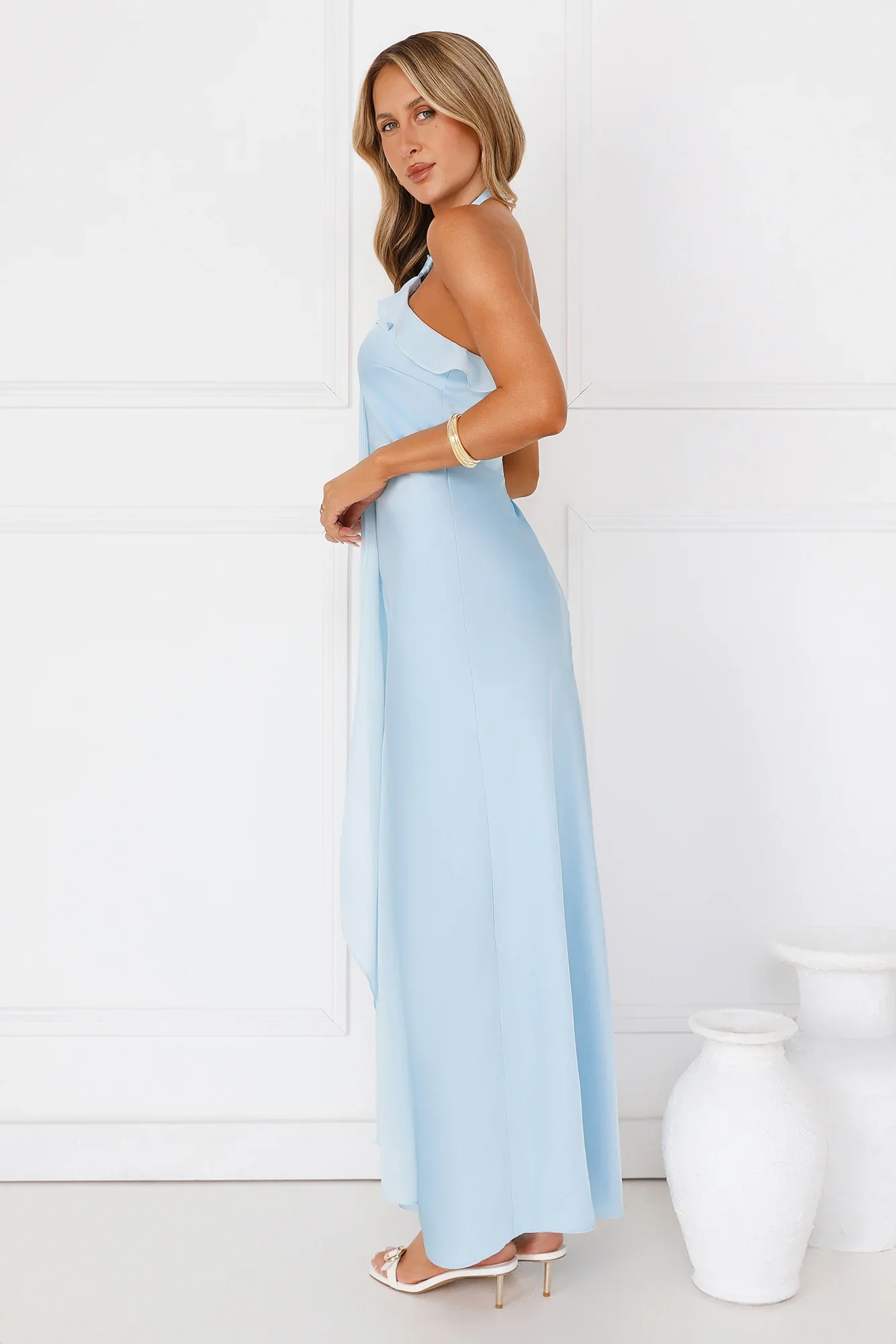 Luxora Lady Halter Satin Maxi Dress Blue