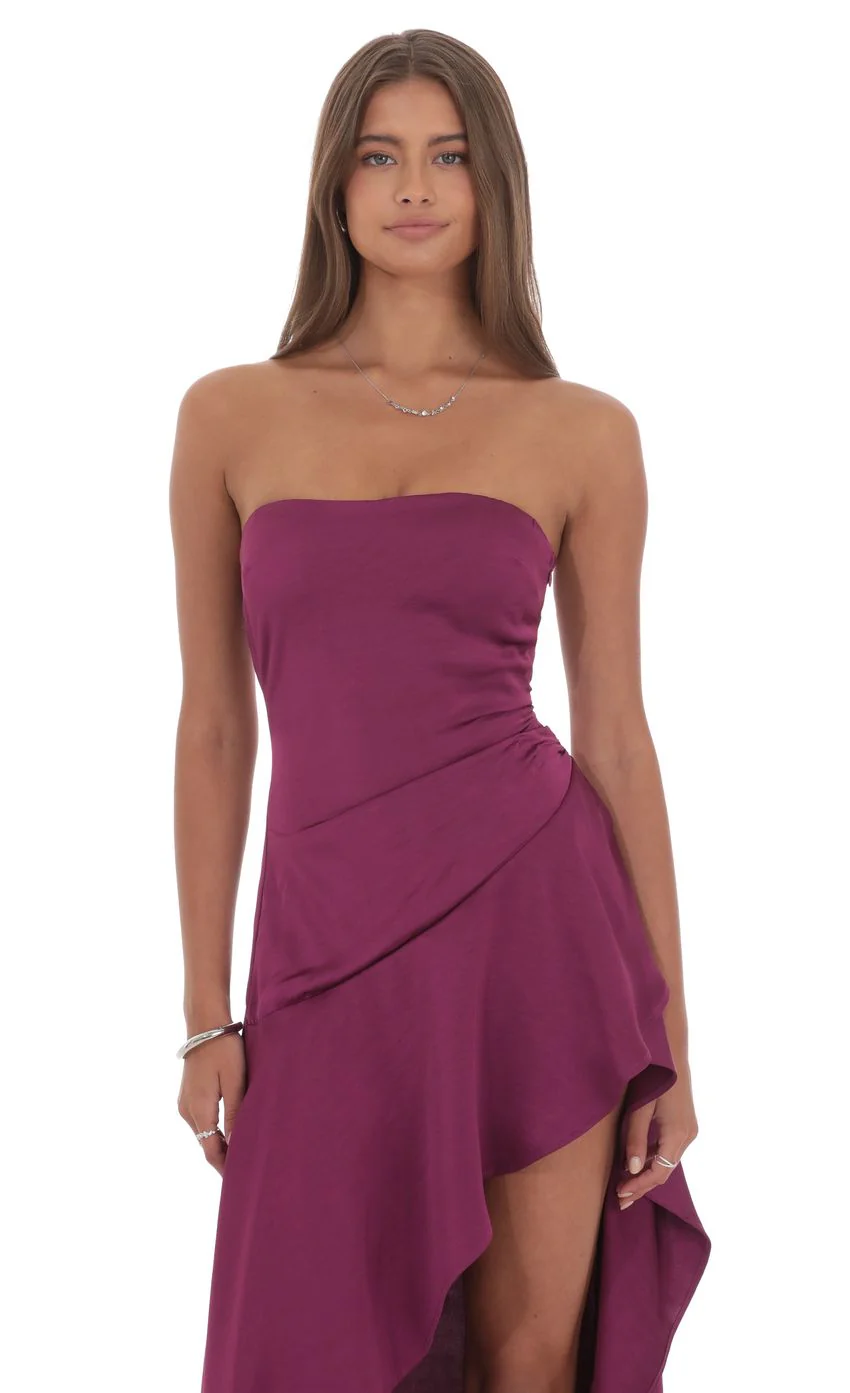 Satin High Low Maxi Dress in Plum