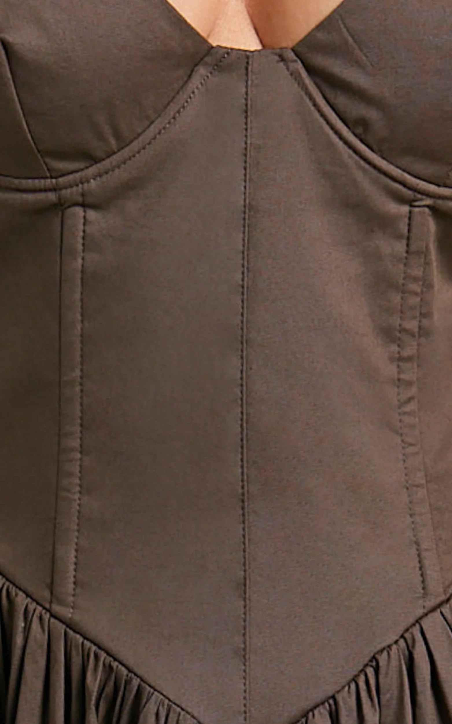 Beckett Midi Dress Scoop Neck Drop V Waist Gathered Skirt Dress in Dark Chocolate