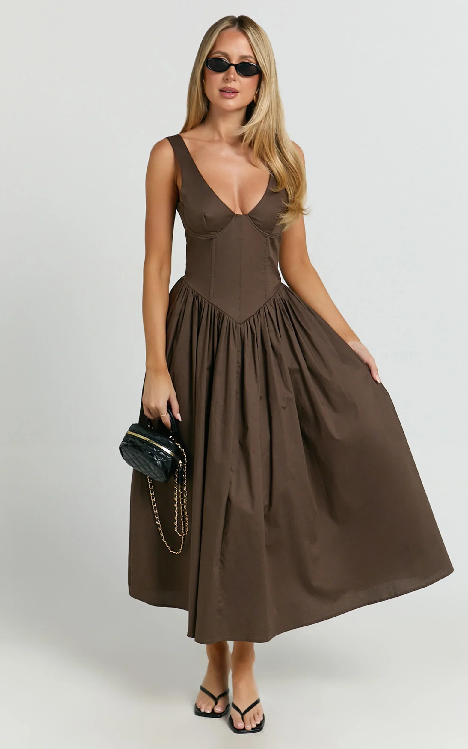 Beckett Midi Dress Scoop Neck Drop V Waist Gathered Skirt Dress in Dark Chocolate