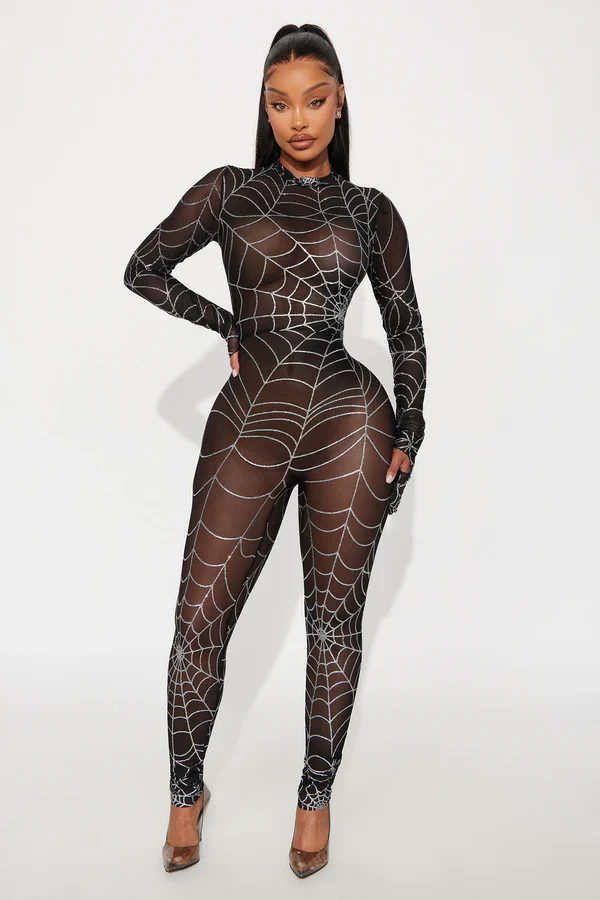 Caught In My Web Glitter Sheer Jumpsuit - Black