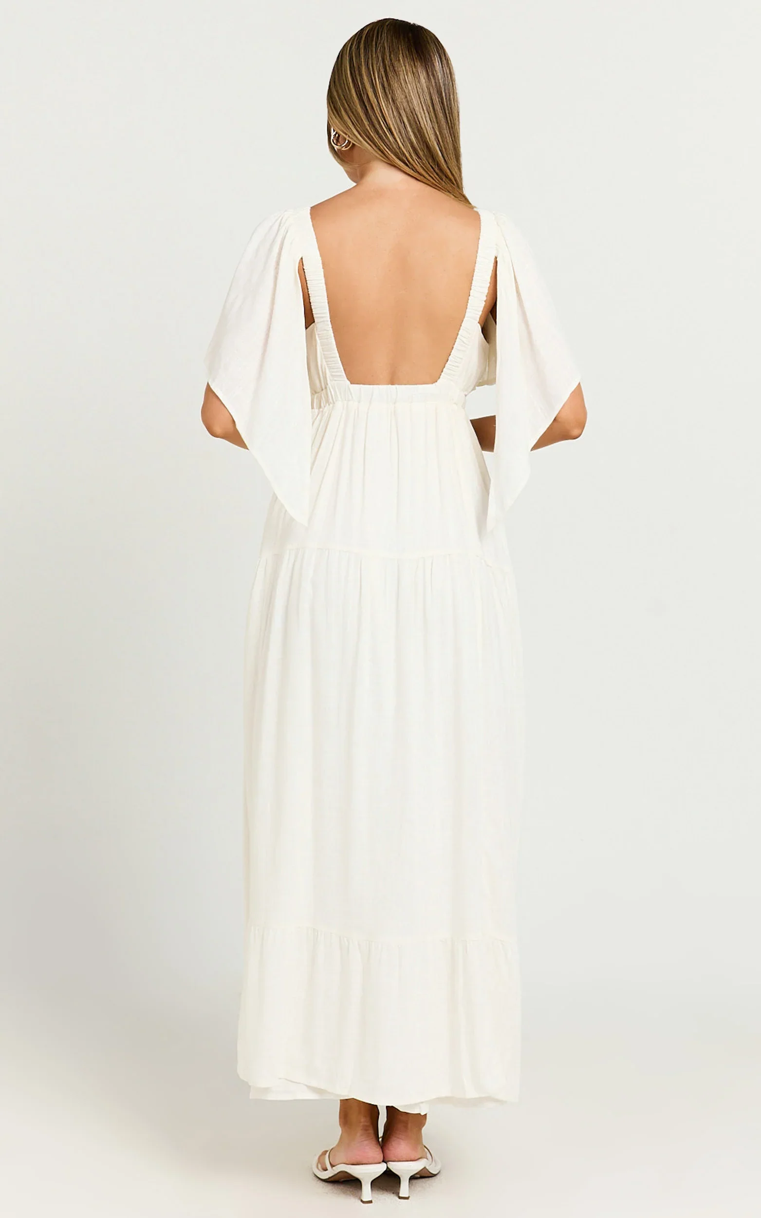 Lyrad Midi Dress Linen Empire Waist Textured Dress in White
