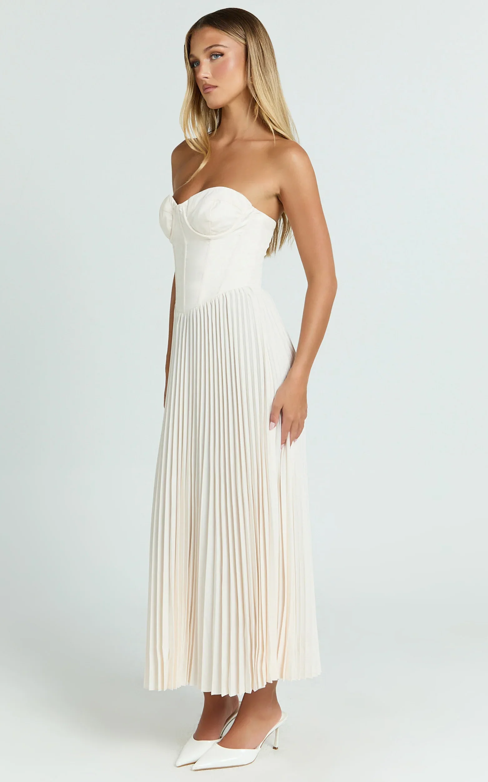 Loretta Midi Dress Lace Up Back Bustier Pleated Dress in Cream