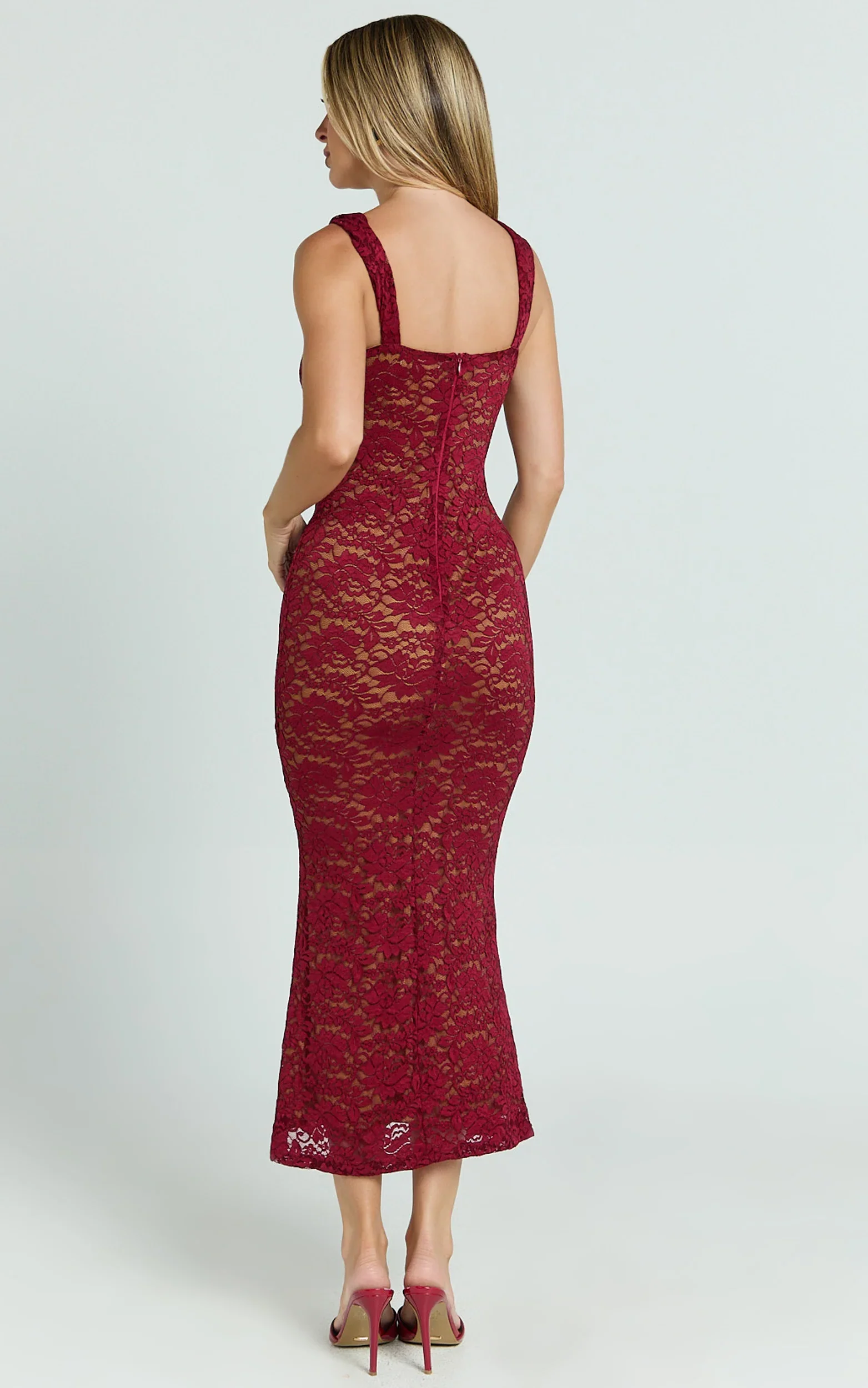 Collette Midi Dress Ruched Bust Wide Strap Detail Lace Midi Dress in Wine