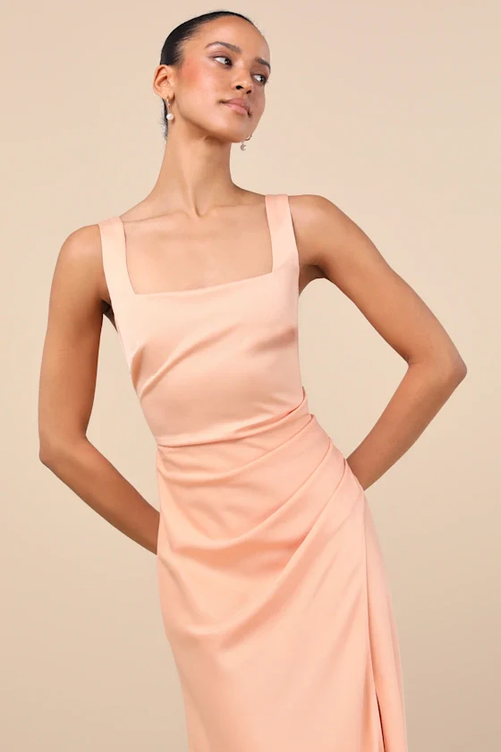 Red Carpet Romance Peach Satin Square Neck Maxi Dress