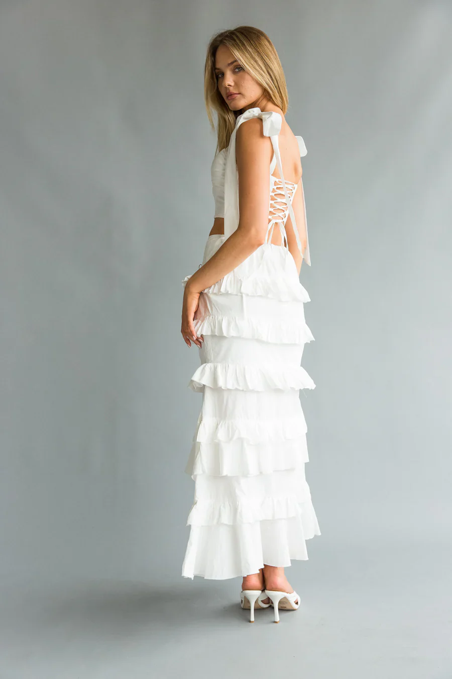 Dawn Bow Strap Bustier Top + Tiered Ruffle Skirt Set