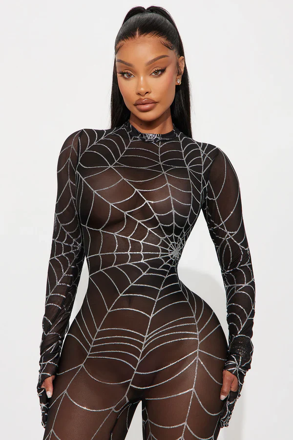 Caught In My Web Glitter Sheer Jumpsuit - Black