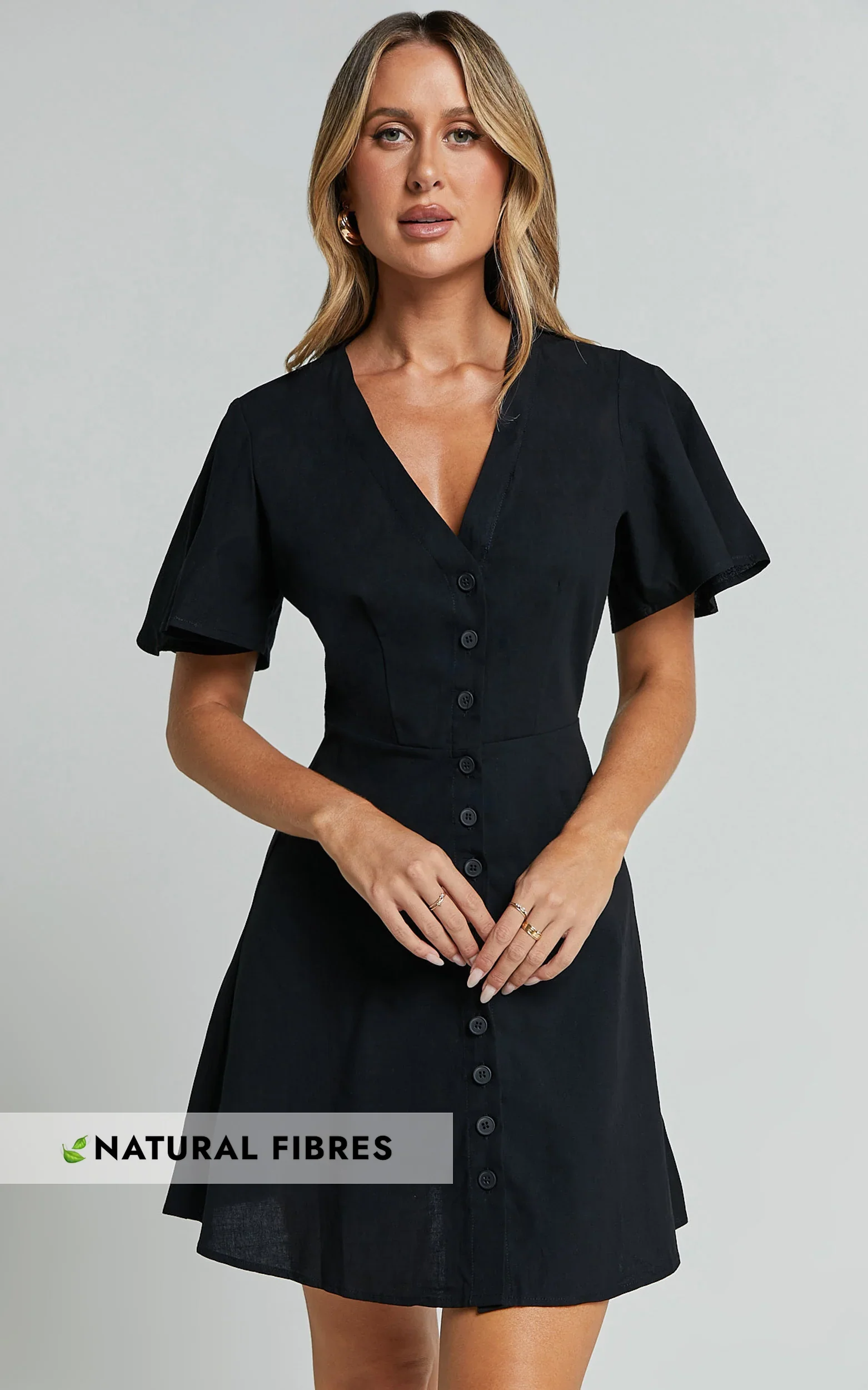 Sahar Mini Dress Flutter Sleeve Button Through Dress in Black