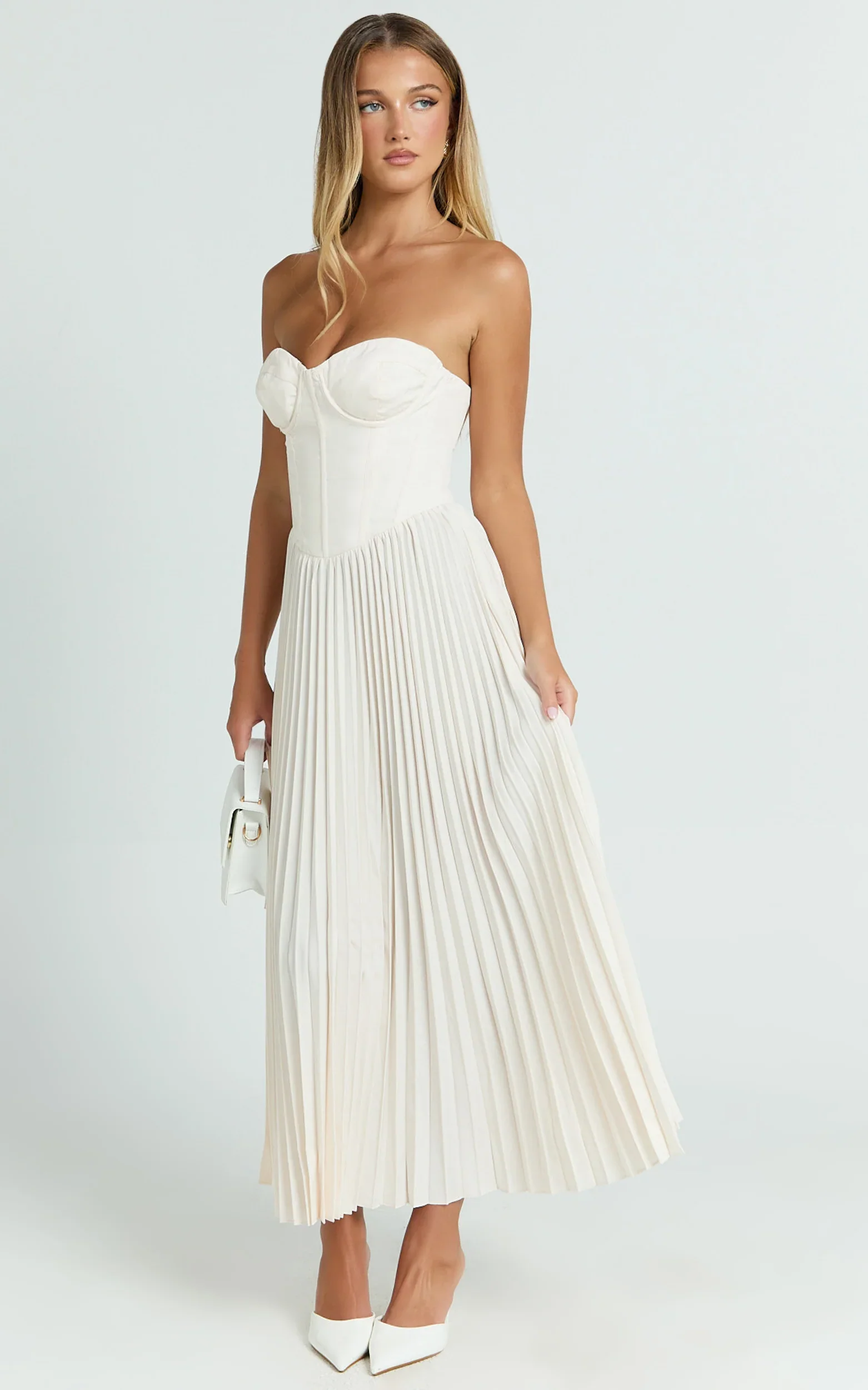Loretta Midi Dress Lace Up Back Bustier Pleated Dress in Cream