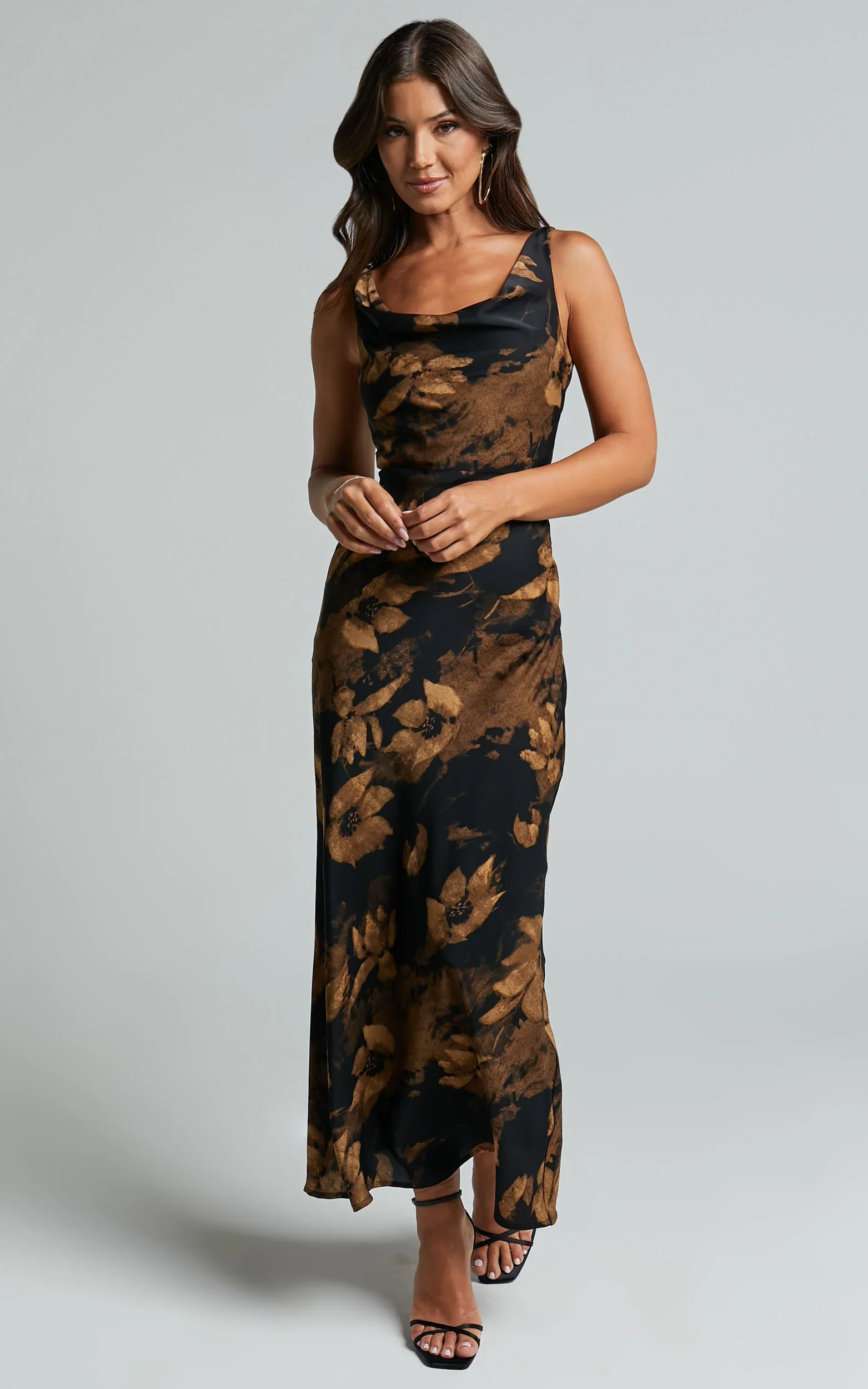 Dara Midi Dress Low Neck Sleeveless Slip Dress in Amber Floral Print