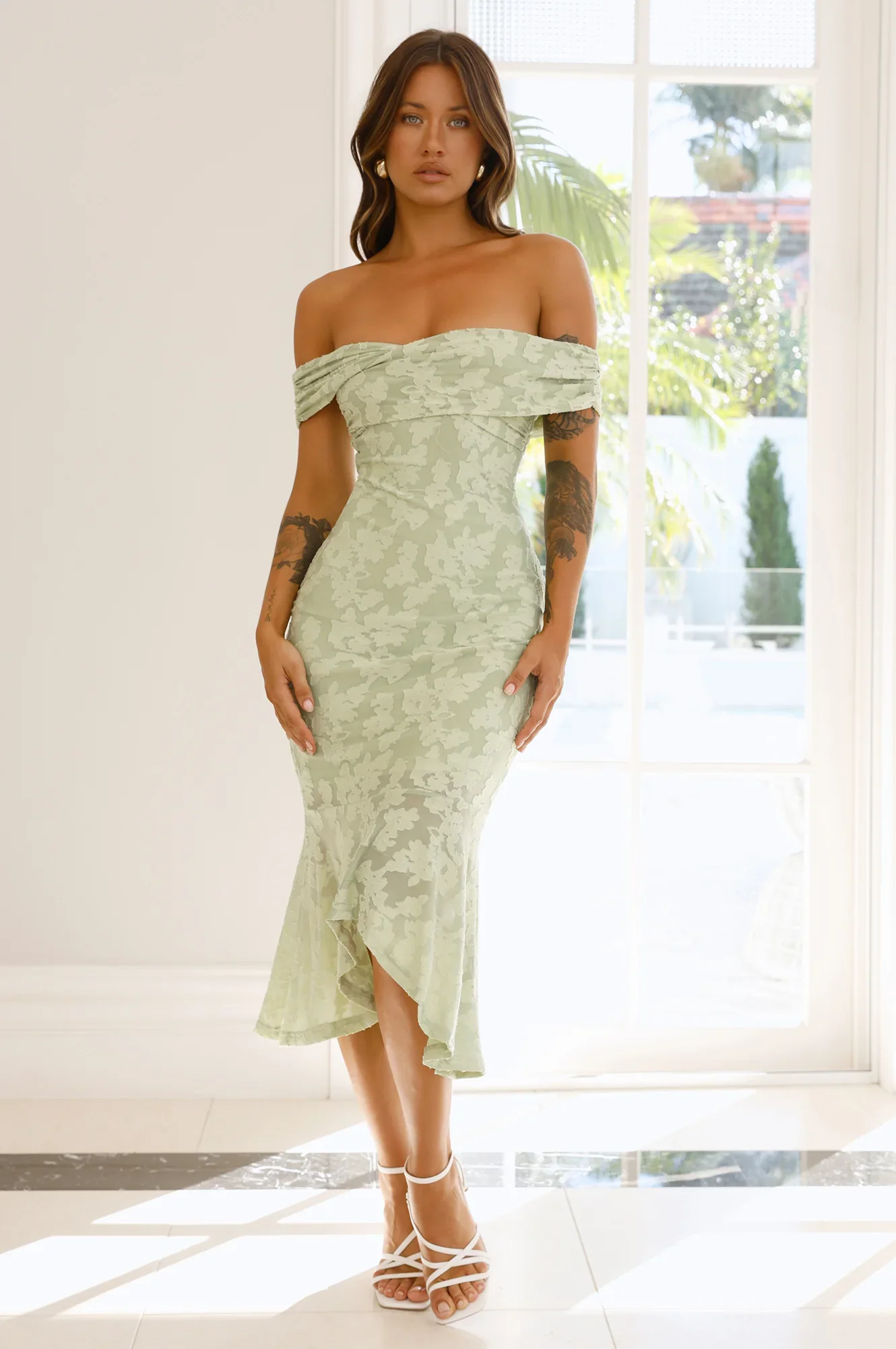 Botanical Embrace Off Shoulder Midi Dress Sage