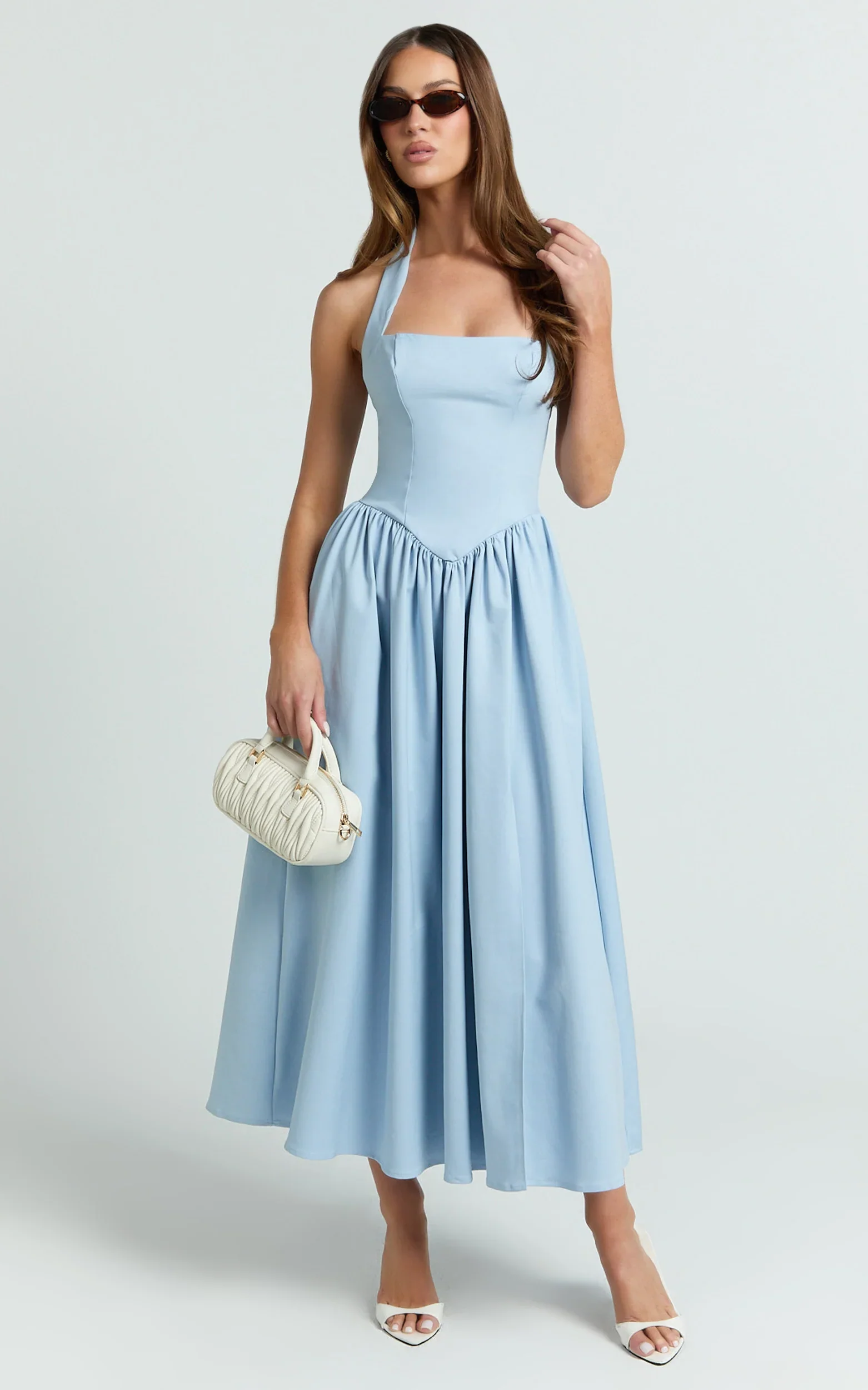 Helda Midi Dress Halter Tie Neck Corset Panel Dress in Soft Blue