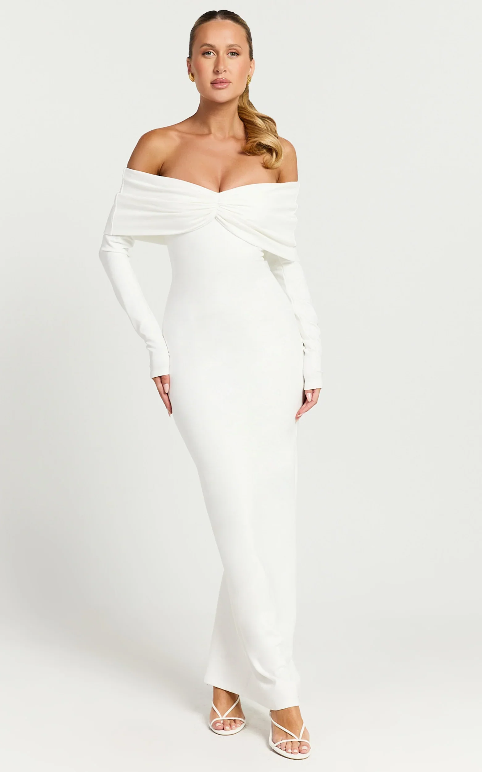 Rani Maxi Dress Off Shoulder Long Sleeve Bodycon Dress in Off White