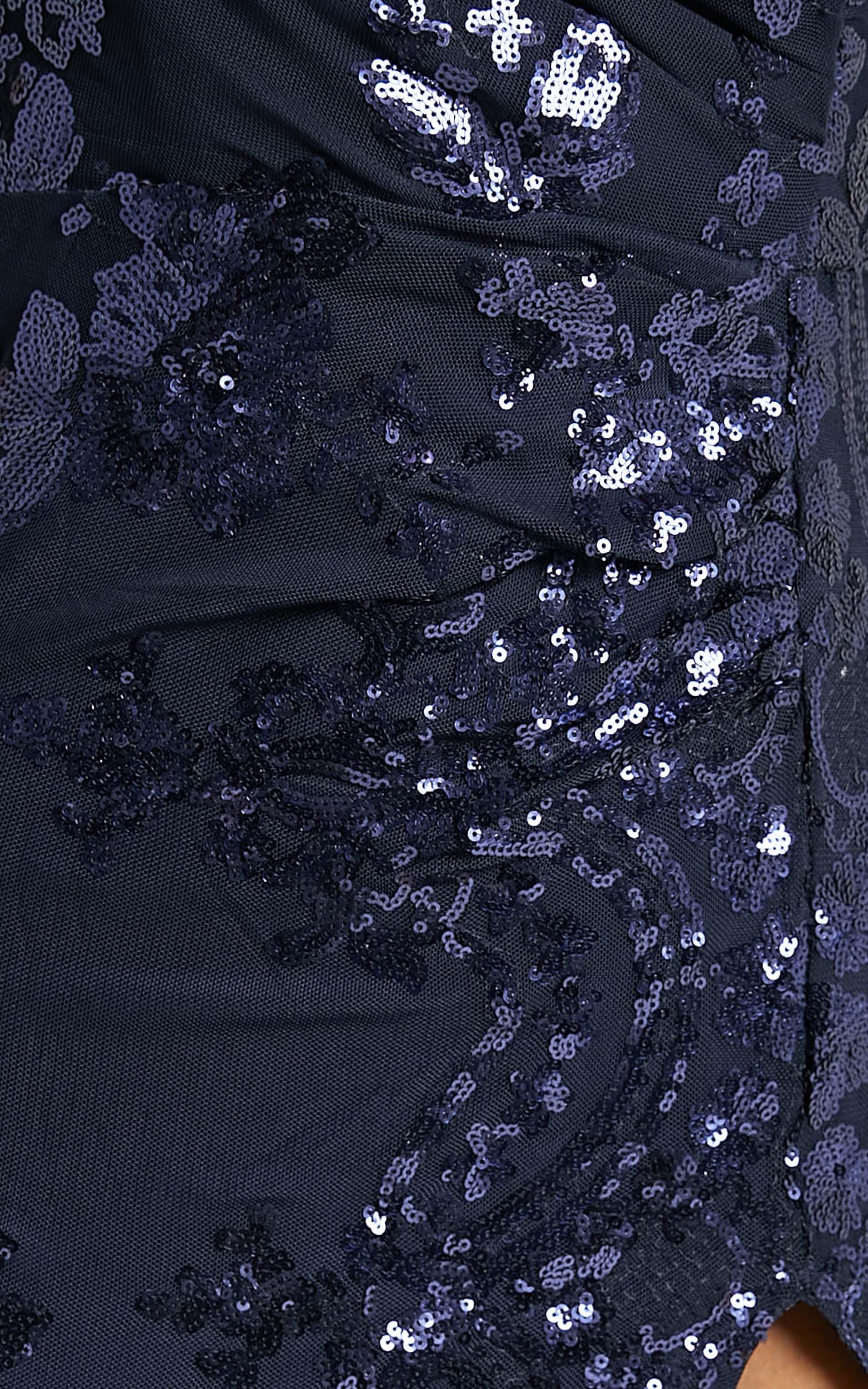 Out Till Dawn Maxi Dress Thigh Split Dress in Navy Sequin