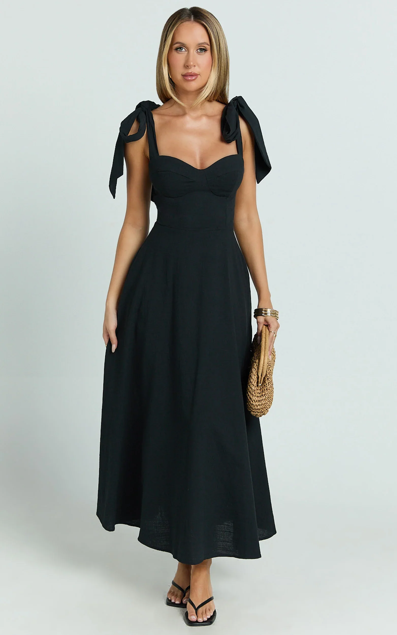 Tymia Midi Dress Shoulder Tie Bustier Shirred Back A Line in Black