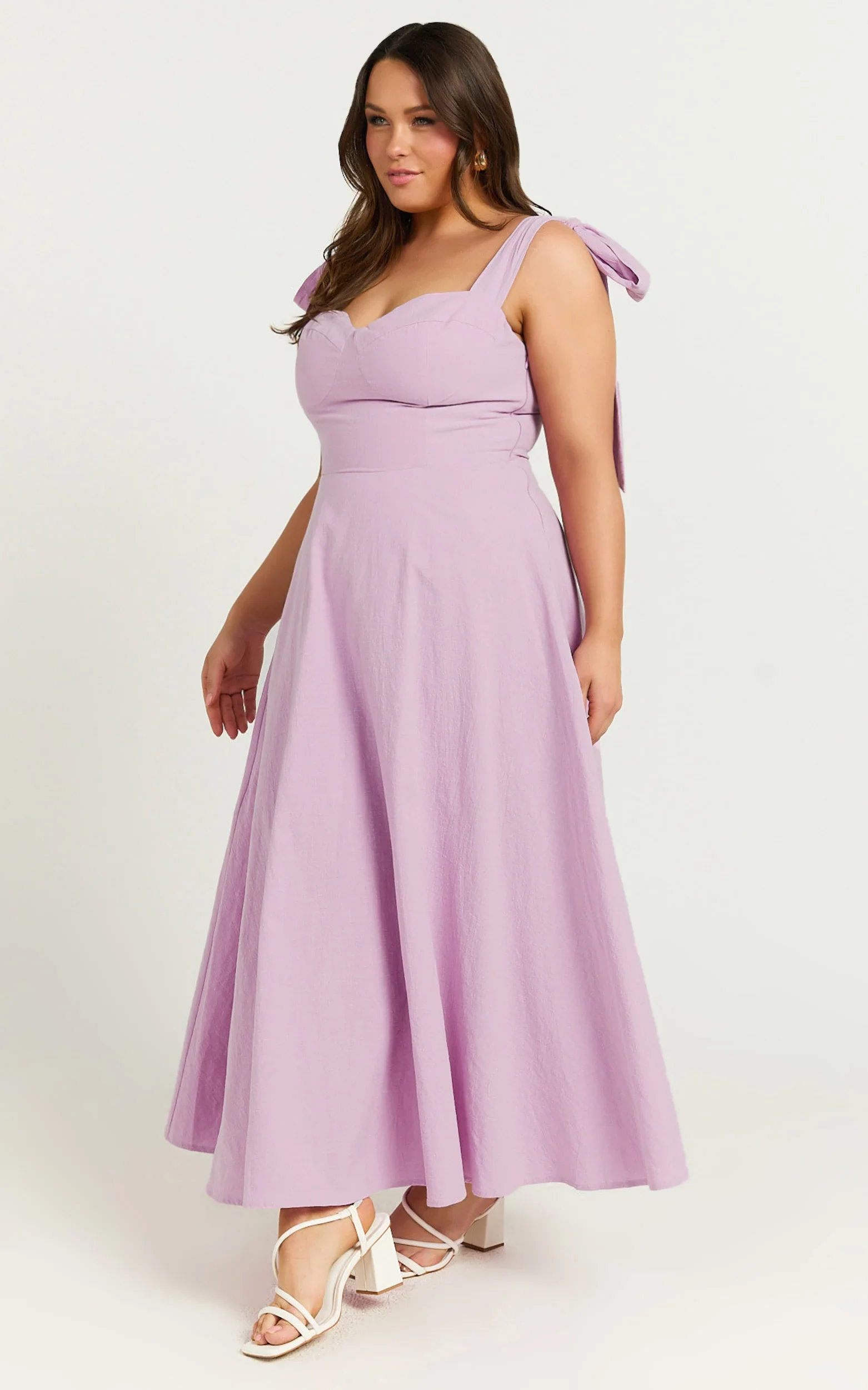 Tymia Midi Dress Shoulder Tie Bustier Shirred Back A Line in Lavender