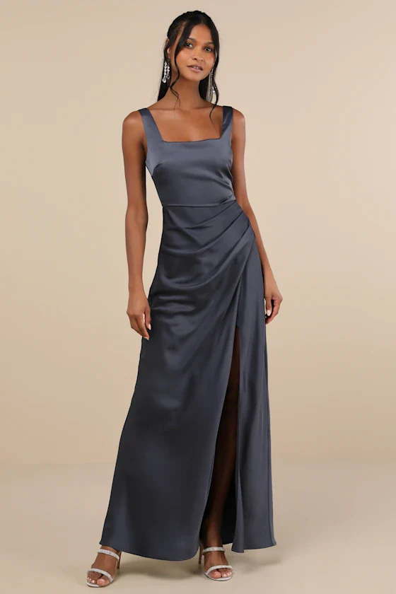 Red Carpet Romance Dark Grey Satin Square Neck Maxi Dress
