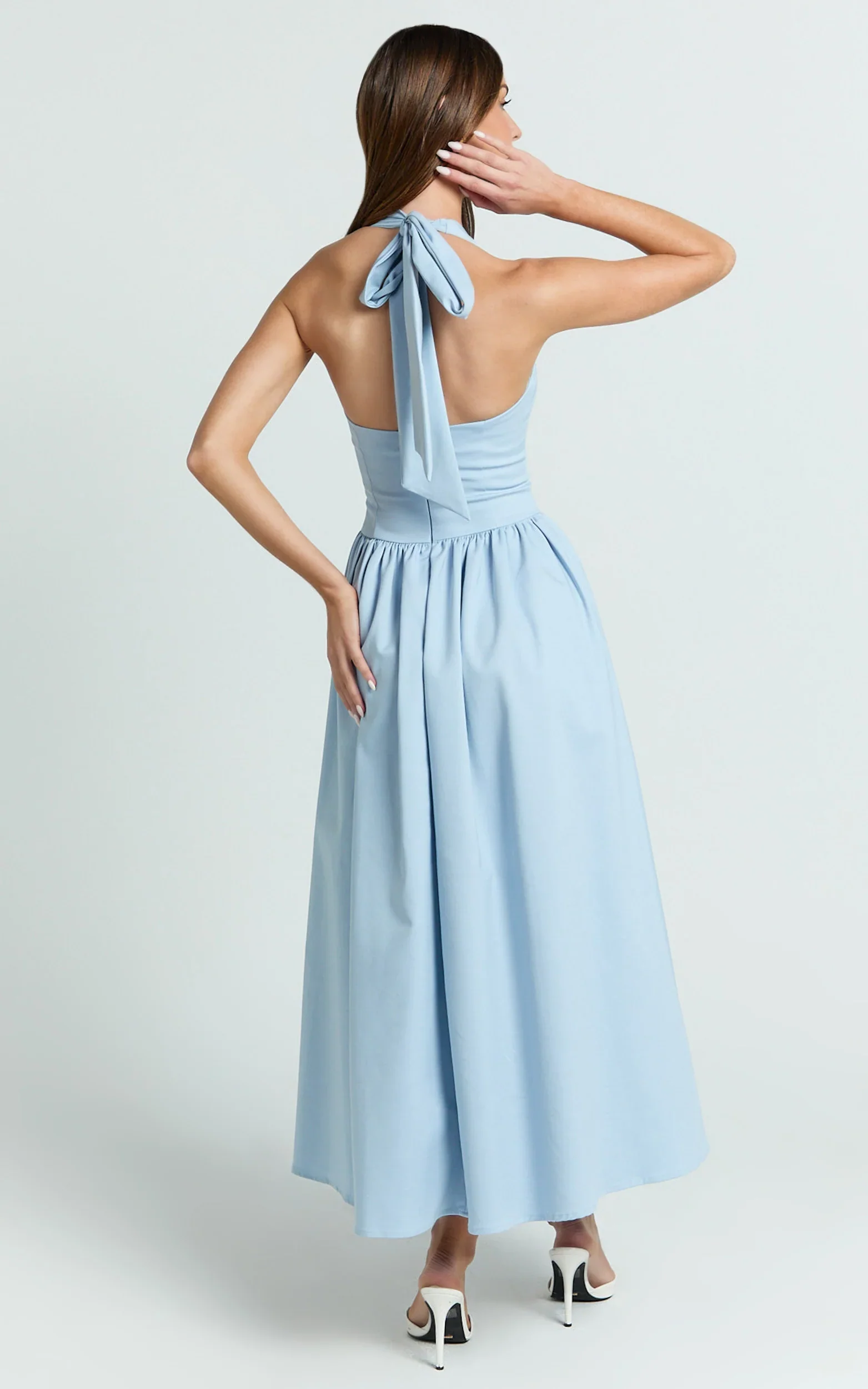 Helda Midi Dress Halter Tie Neck Corset Panel Dress in Soft Blue