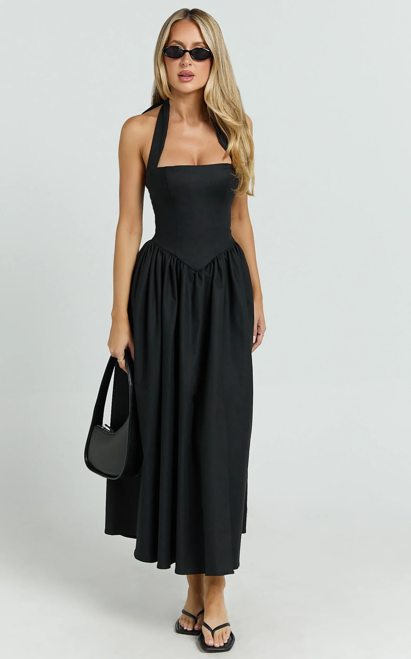 Helda Midi Dress Halter Tie Neck Corset Panel Dress in Black
