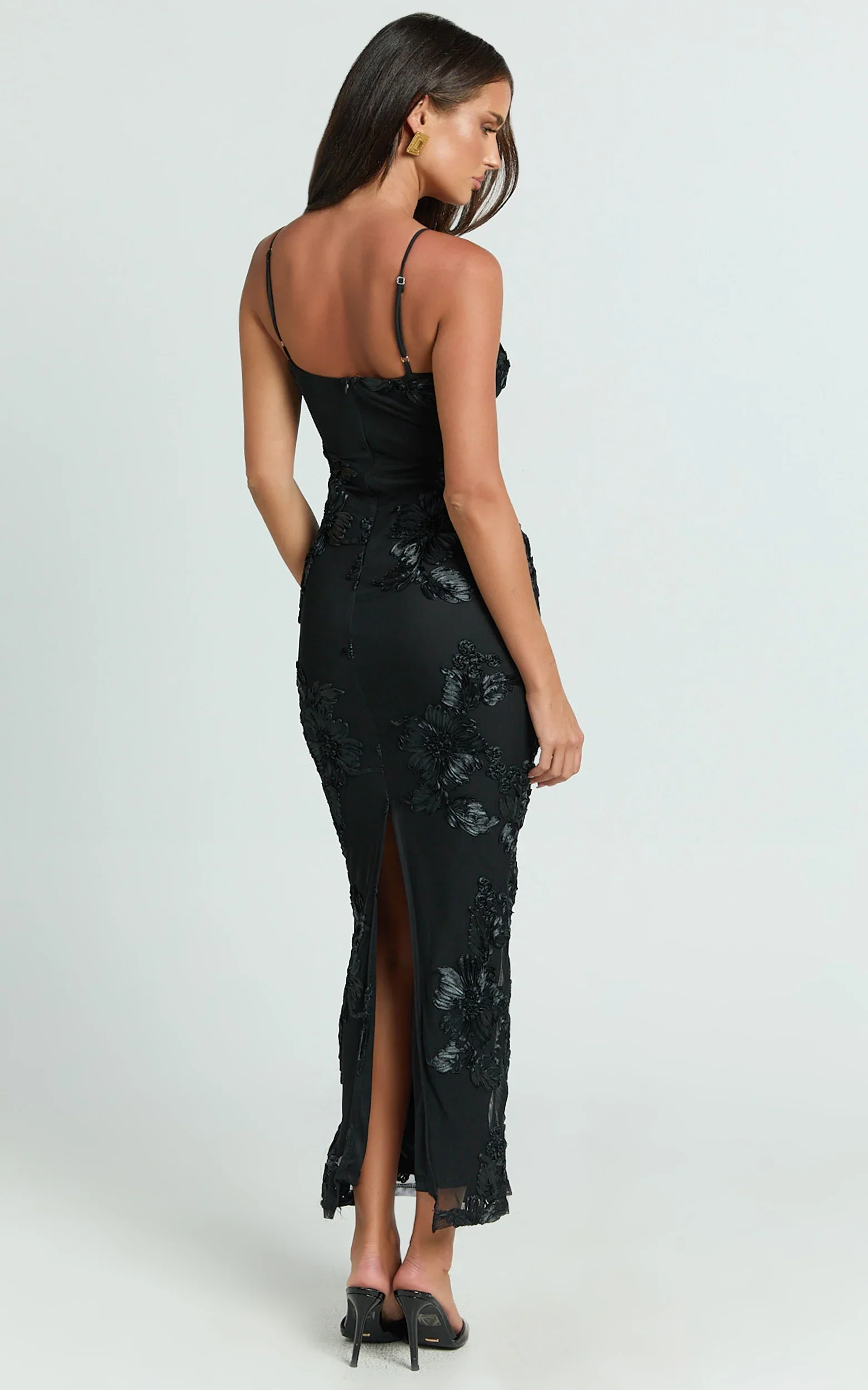 Mina Midi Dress Embroidered Mesh Dress in Black