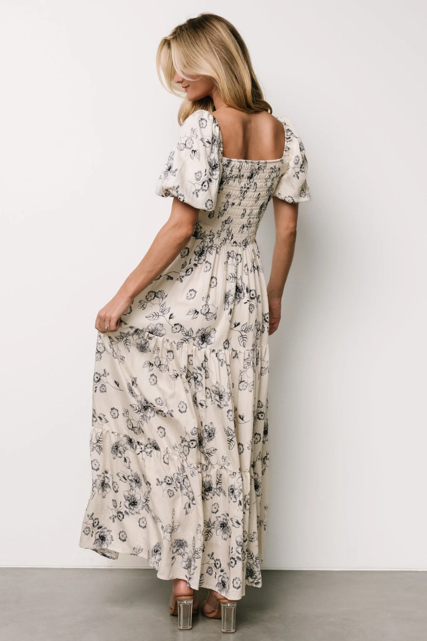 Susanna Smocked Maxi Dress | Ivory + Blue Floral