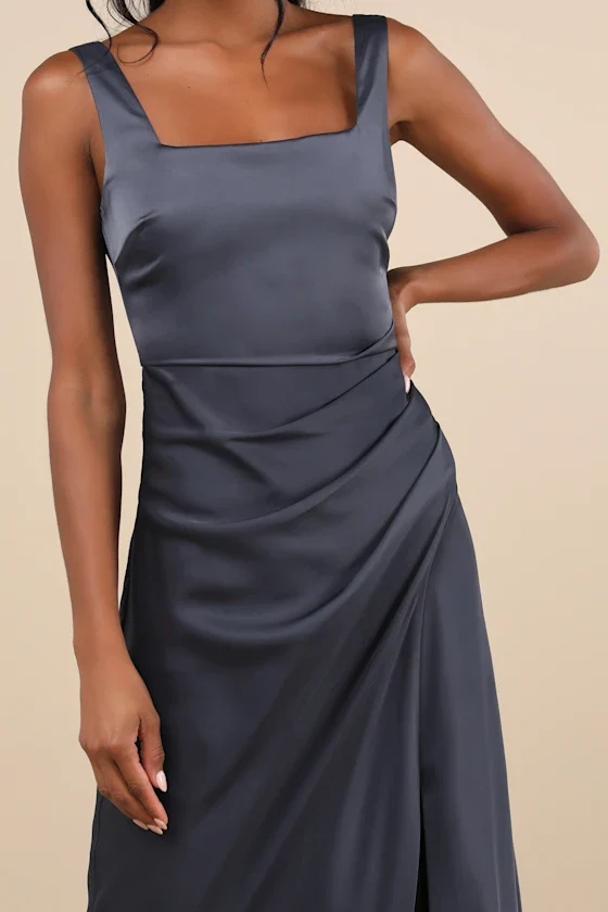 Red Carpet Romance Dark Grey Satin Square Neck Maxi Dress