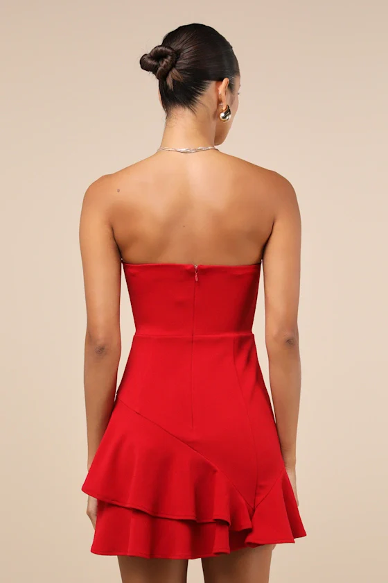 Sultry Intentions Red Strapless Ruffled Mini Dress