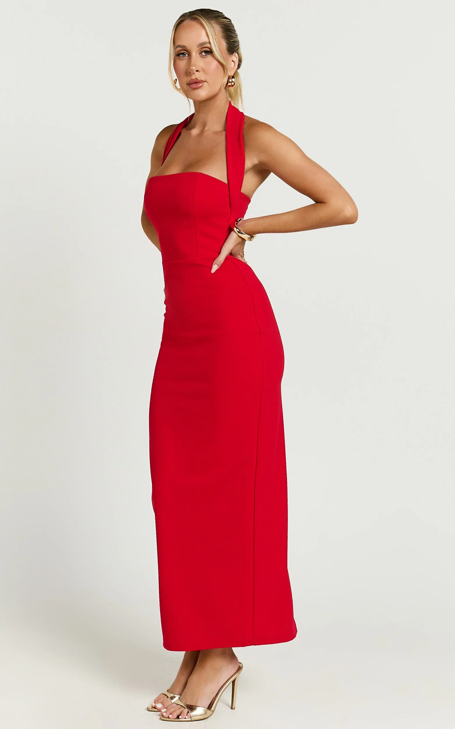 Salome Midi Dress Halter Neck Column Dress in Red