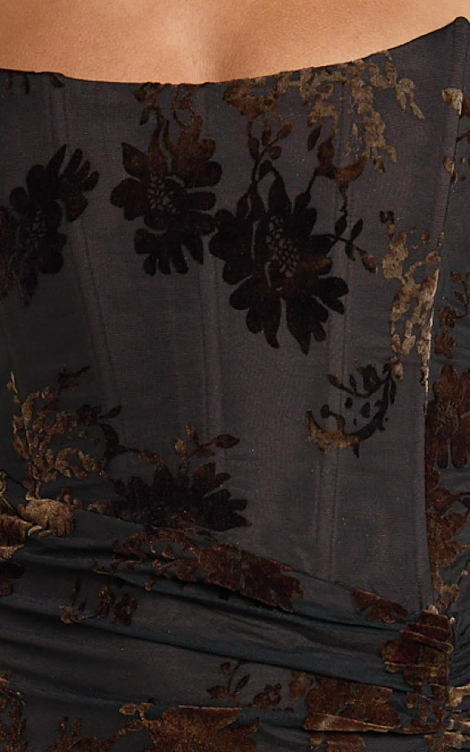 Karlene Midi Dress Ruched Corset Burnout Dress in Black and Brown