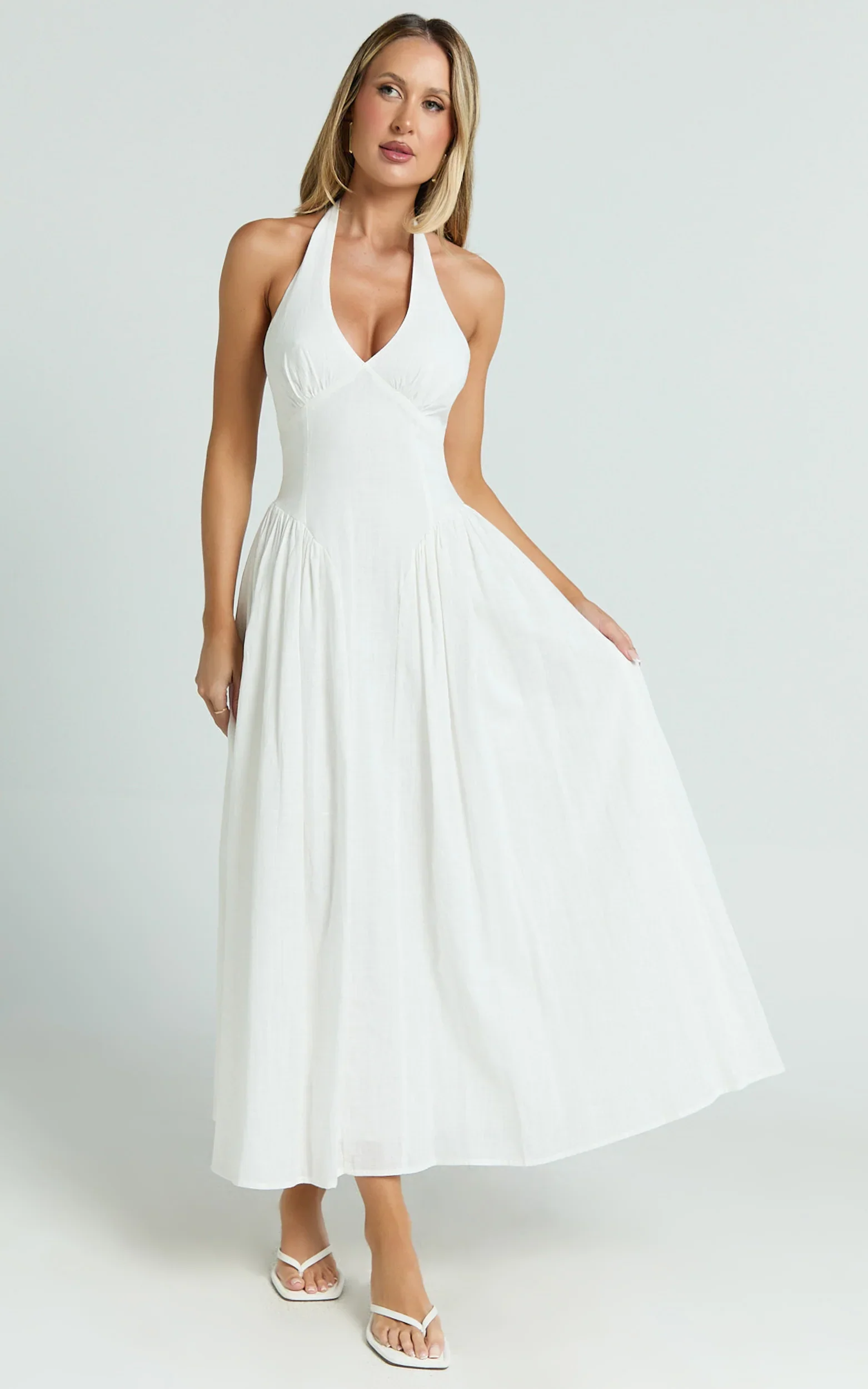 Athena Midi Dress Halter Drop Waist Dress in White