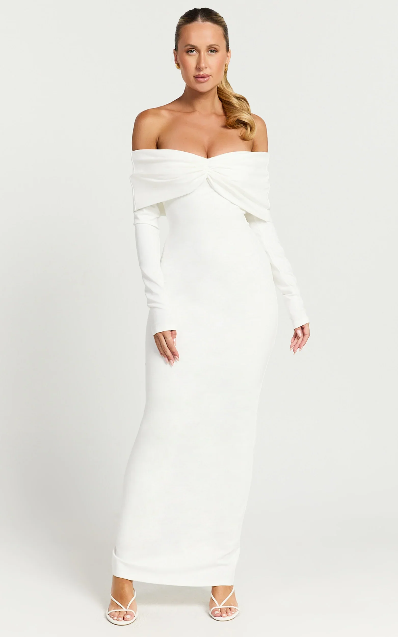Rani Maxi Dress Off Shoulder Long Sleeve Bodycon Dress in Off White