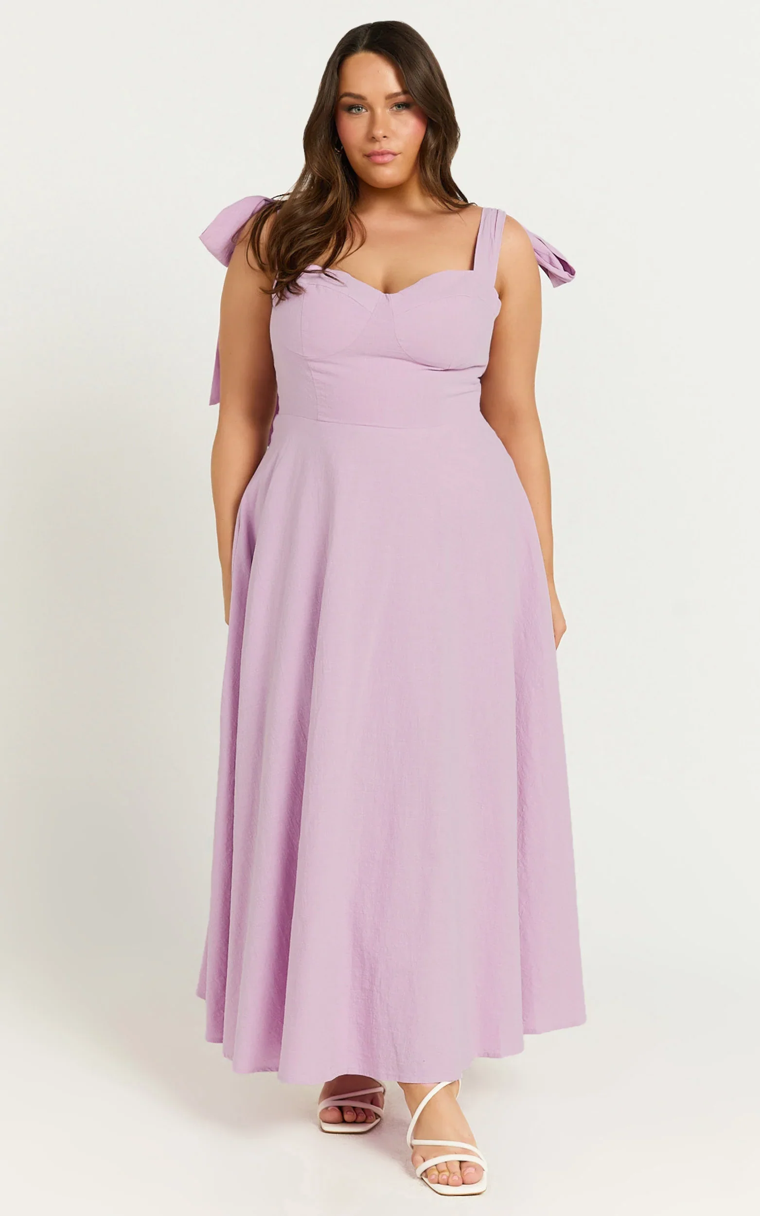 Tymia Midi Dress Shoulder Tie Bustier Shirred Back A Line in Lavender