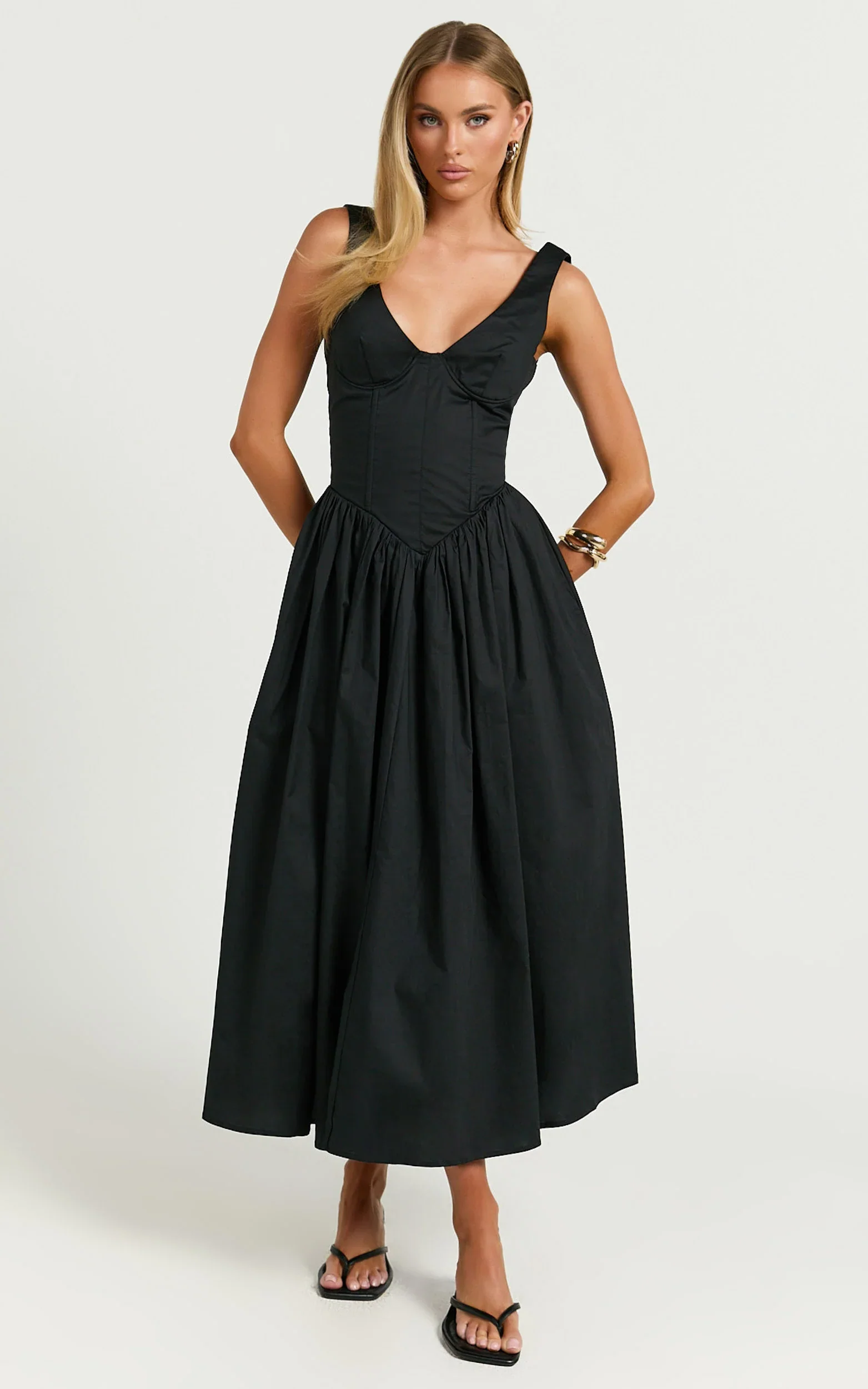 Beckett Midi Dress Scoop Neck Drop V Waist Gathered Skirt Dress in Black