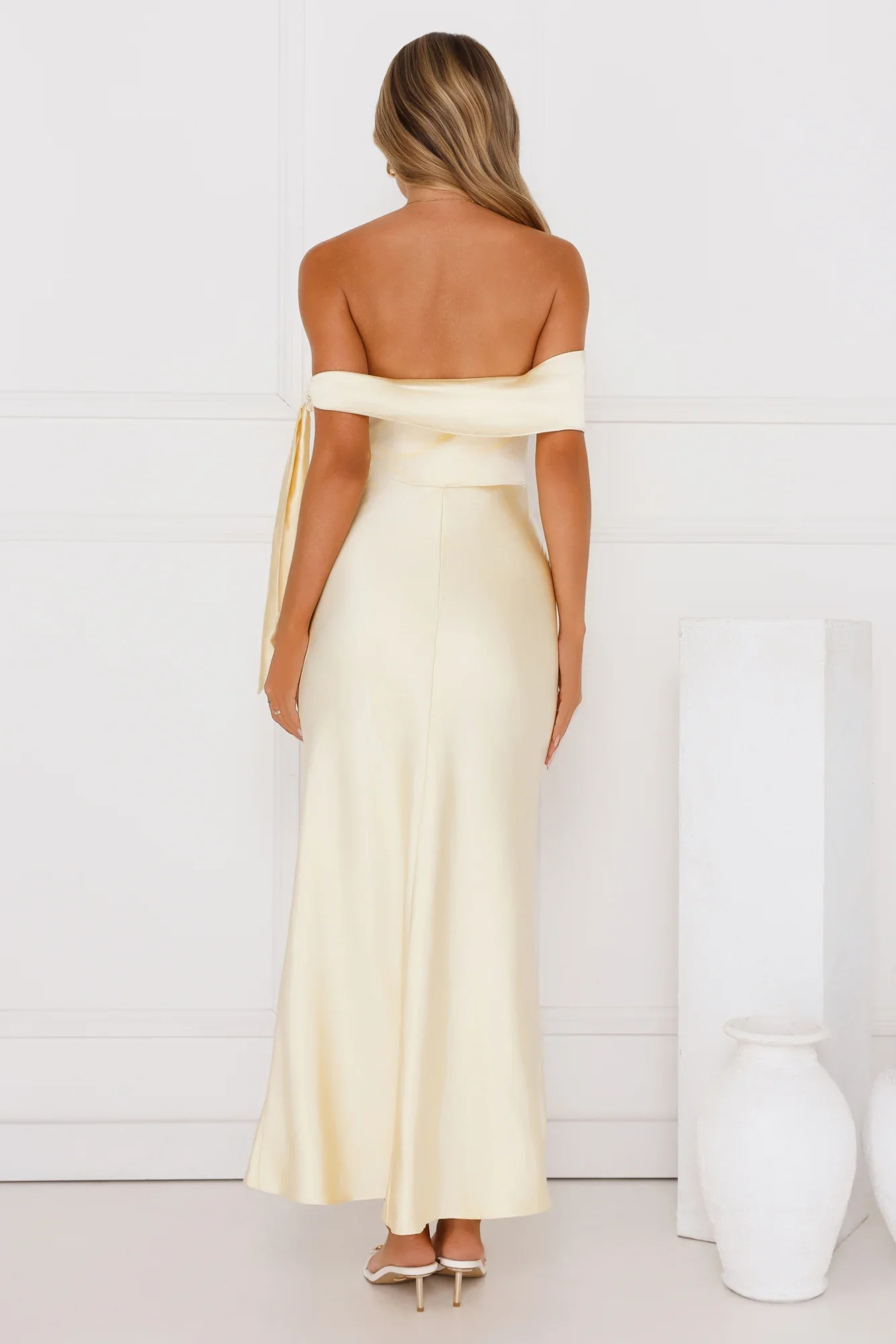 The Hype Off Shoulder Satin Midi Dress Yellow