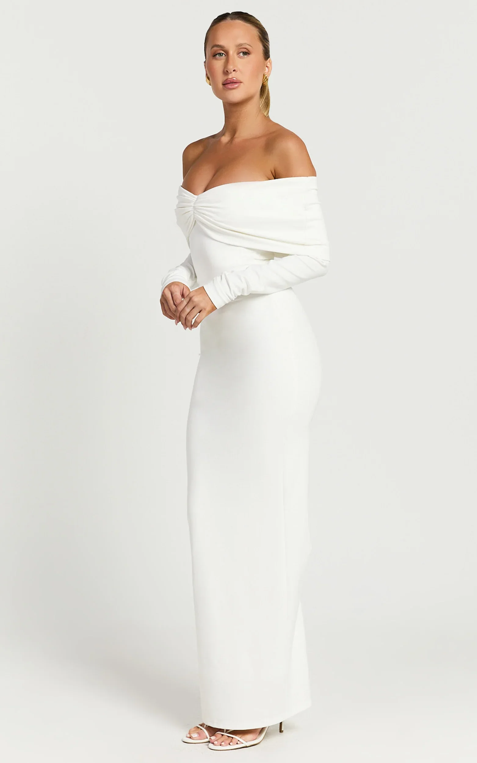 Rani Maxi Dress Off Shoulder Long Sleeve Bodycon Dress in Off White