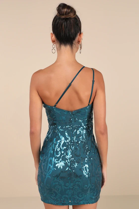 Sparkling Persuasion Teal Blue Sequin One-Shoulder Mini Dress