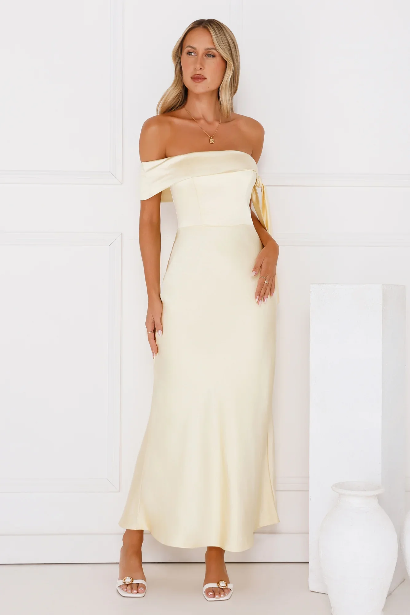 The Hype Off Shoulder Satin Midi Dress Yellow