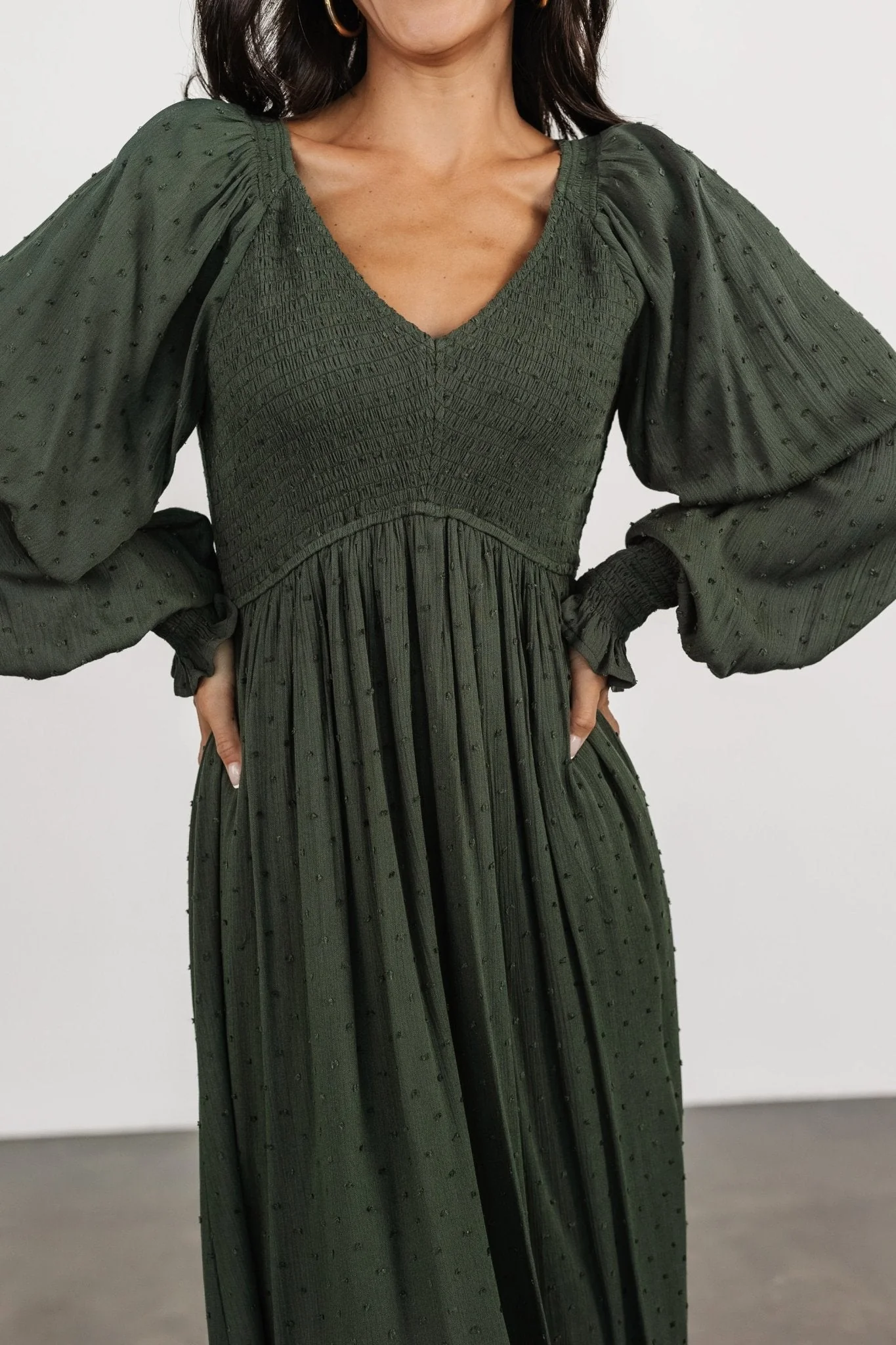 Lainey Smocked Dotted Midi Dress | Deep Olive