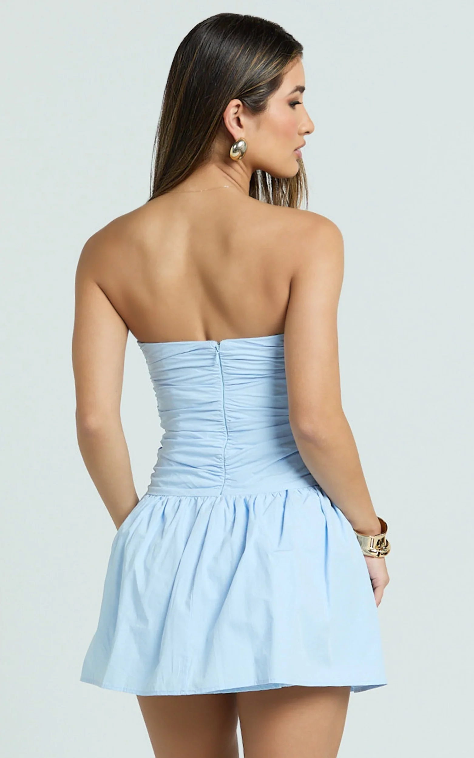 Donatella Mini Dress Strapless Drop Waist Dress in Blue