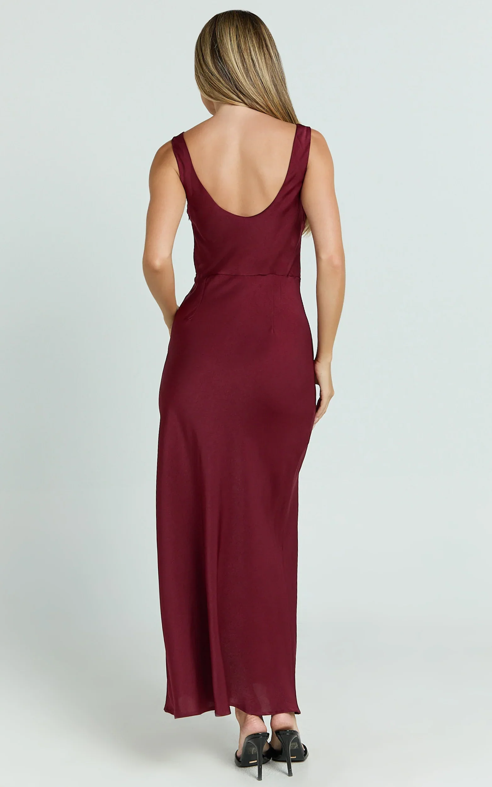 Dara Midi Dress Low Neck Sleeveless Slip Dress in Wine