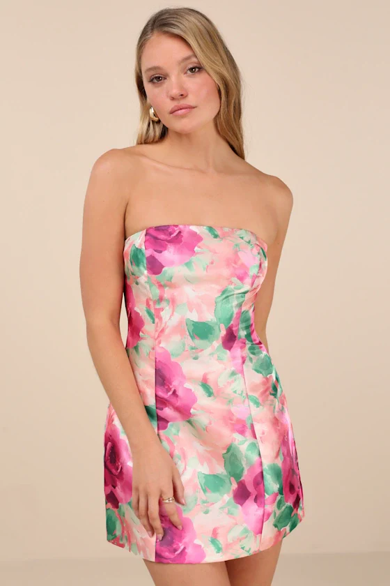 Farica Peach Pink Floral Organza Strapless Mini Dress