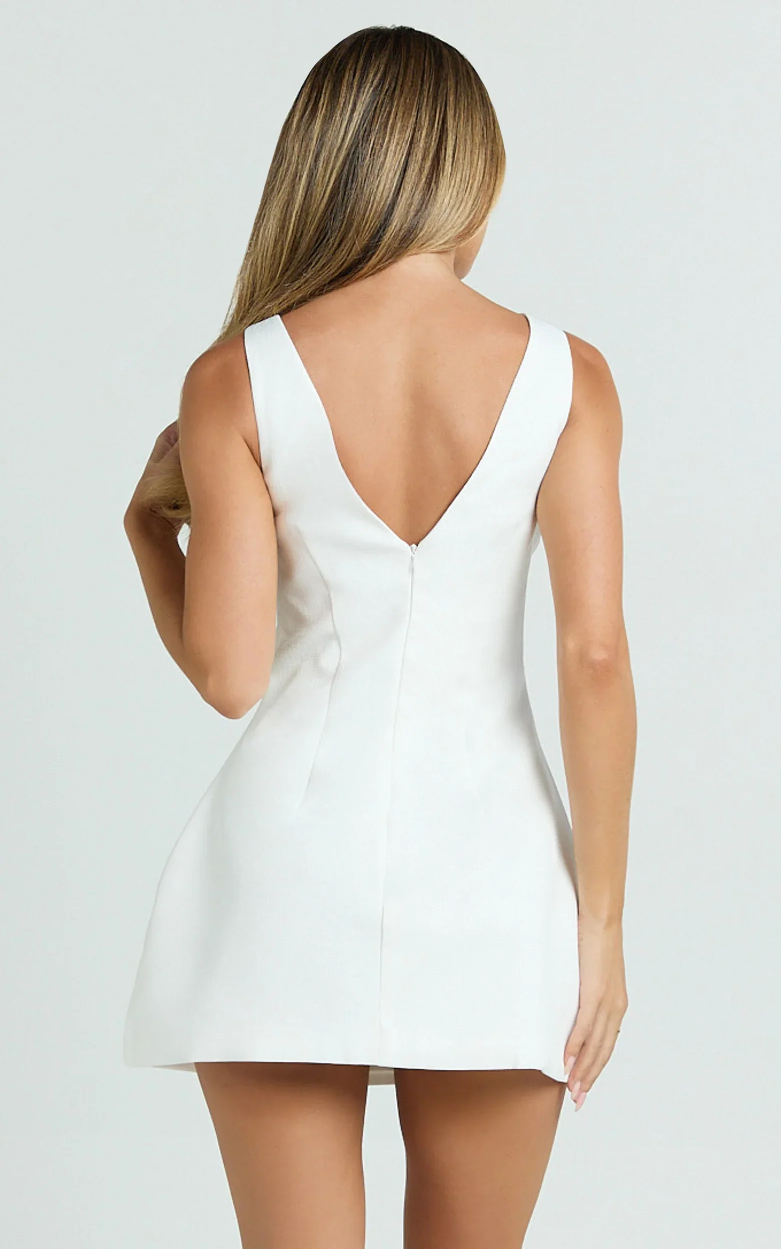 Raquelle Mini Dress Boucle Boat Neck V Back Fit and Flare Dress in White